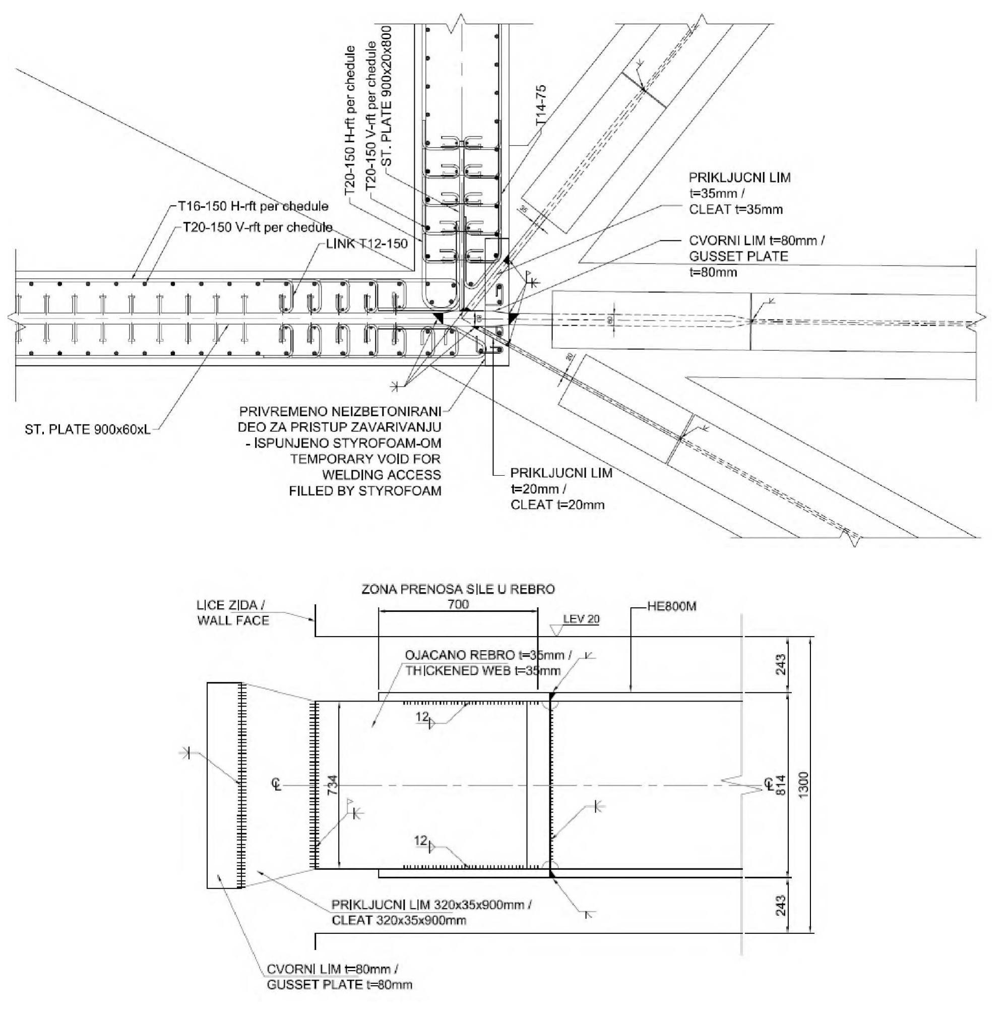 Transfer structure level 20 — node at facade in plan (left)