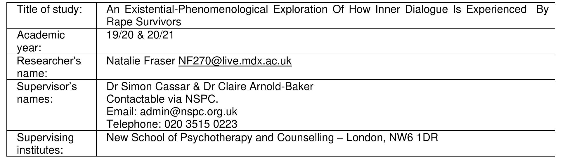 Written Informed Consent Form The Department of Health ani Social Sciences Middlesex University London NW4 4BT