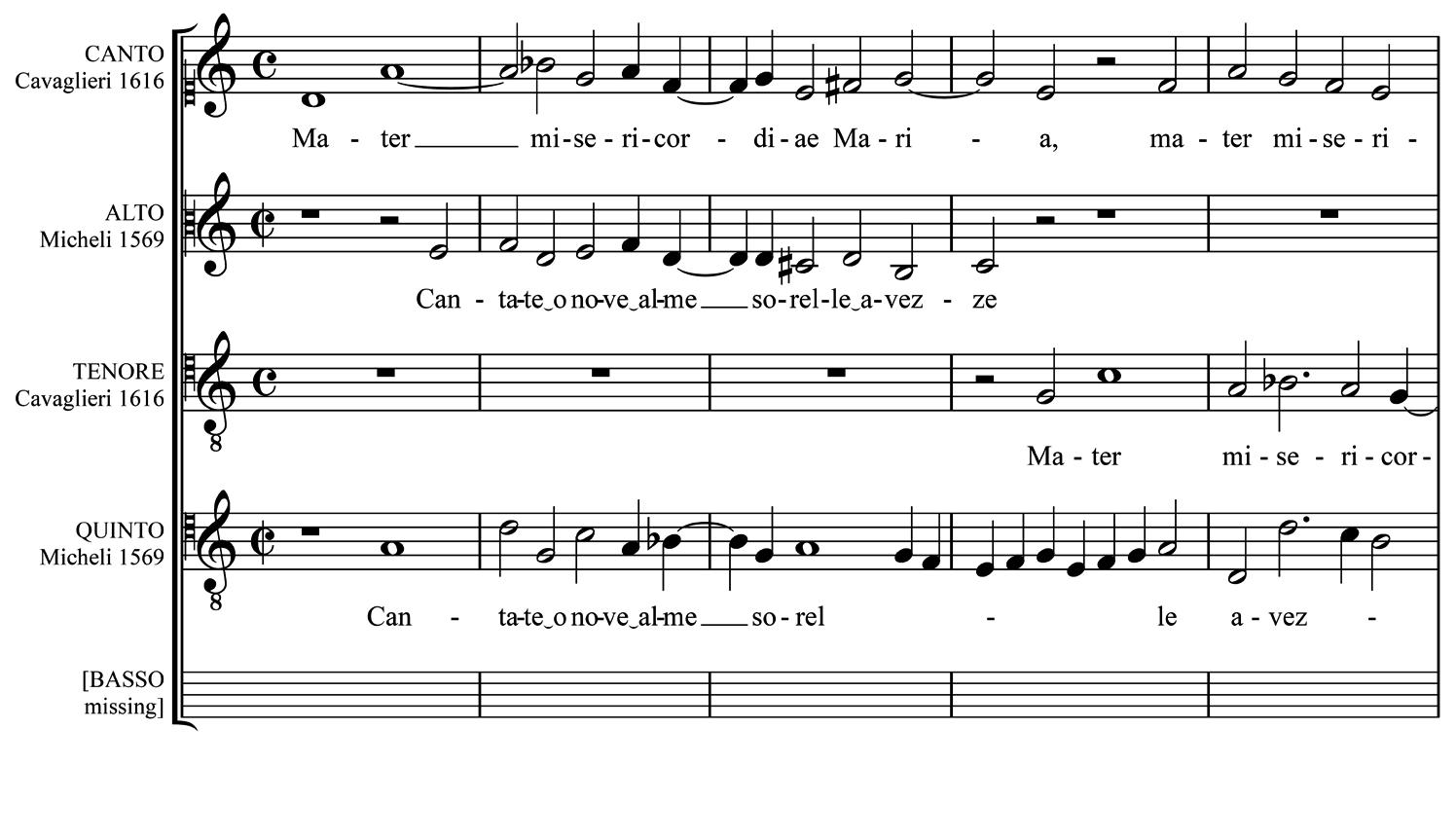 tae iii: ~ iia  Combination of the surviving parts of Cantate o nove alme and Mater misericordiae. The parts of Micheli’s fourth book have been transcribed from the sole currently known example, preserved  in the Biblioteca dell’Accademia Filarmonica di Verona (I-VEaf) under the shelfmark N.113. 