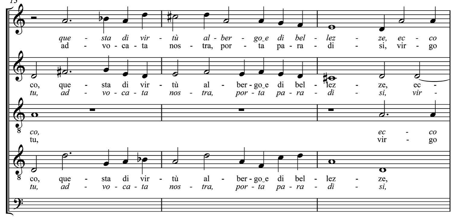 Cantate o nove alme/Mater misericordiae by Domenico Micheli/Geronimo Cavaglieri, bb. 9-12.  The third line, too, differs in the number of its syllables. In this instance, Cavaglieri’s choices have remained consistent with those of Micheli, who had not observed musi- cally the sinalefe (synaloepha) between the words “virtt” and “albergo”, thus setting the hendecasyllable hypermetrically with twelve (not eleven) notes, each bearing a single syllable of the new text (see Music example 3).  penultimate syllable), while in the replacement text it is sdrucciolo (that is, the line carries a stress on the antepenultimate syllable). In this way, the accent is placed in the same position (the sixth syllable, opening “amico” and “Spiritu’”), but the number of syllables is varied, requiring only a slight modification to the music.'* Here, Cavaglieri simply introduced a dotted figure in place of a semibreve. In this instance, the same modification has to be applied to the surviving parts of the madrigal, and, conversely, Cavaglieri’s adaptation has to be undone in the corresponding parts of the contrafactum (see Music example 2).'° 