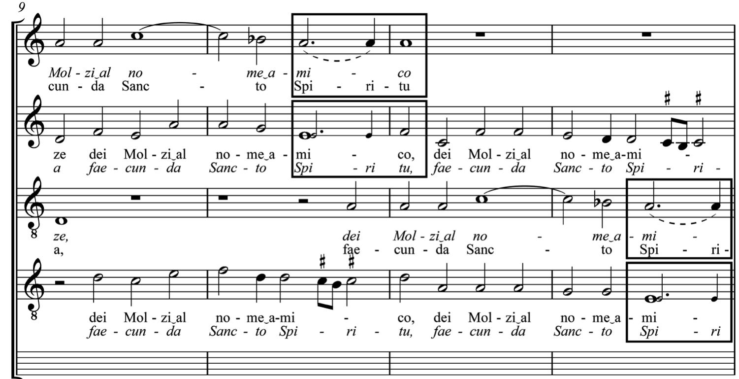 Cantate o nove alme/Mater misericordiae by Domenico Micheli/Geronimo Cavaglieri, bb. 3-15.  The third difference occurs when the text “come | pit: po” is stated twice in the mad- rigal (between the sixth and seventh lines), while the contrafactum presents a single time the words “dulcis Iesu dulcis mater” (sweet mother of sweet Jesus), thereby expanding the line without affecting the musical structure (see Music example 4). Apart from these two minor instances of turbulence, both texts fit all four voices quite perfectly. The layout of the missing voices (music and words) of both compositions can therefore be easily restored.  Music example 3 
