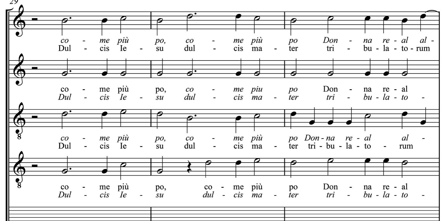 Cantate o nove alme/Mater misericordiae by Domenico Micheli/Geronimo Cavaglieri, bb. 29-31. 