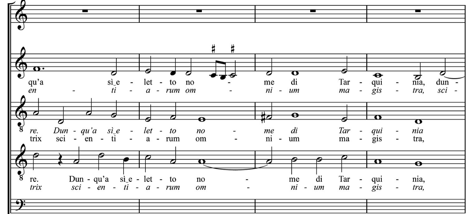 The text provided by Geronimo Cavaglieri is a prayer to the Blessed Virgin Mary, in which, as in litanies and some Marian antiphons, several of her attributes are listed, and sealed with a final supplication.'* What surprises is that this is a true metamorphosis — in Cavaglieri’s terms — from a specific person, Tarquinia Molza, to a specific saint: in this case, Mary, the “Queen of All Saints” — a rather rare instance in the contemporary repertory. At a closer glance, the text by Cavaglieri appears to be directly inspired by the text of the madrigal. This already becomes evident from the structure of the secular text, featuring a list of virtues associated with Molza.  Cantate 0 nove alme/Mater misericordiae by Domenico Micheli/Geronimo Cavaglieri, bb. 34-37.  The passage where the metrical structure of the new text departs most from that of the original occurs between the eighth and ninth lines (see Table 3). Here, the text of the madrigal features an enjambement, which the composer has chosen in contrast to interpret syntactically, thereby privileging the logical unity of the phrase and concealing thestructure of the poem (see Music example 5).  the madrigal features an enjambement, which the composer has chosen in contrast to 