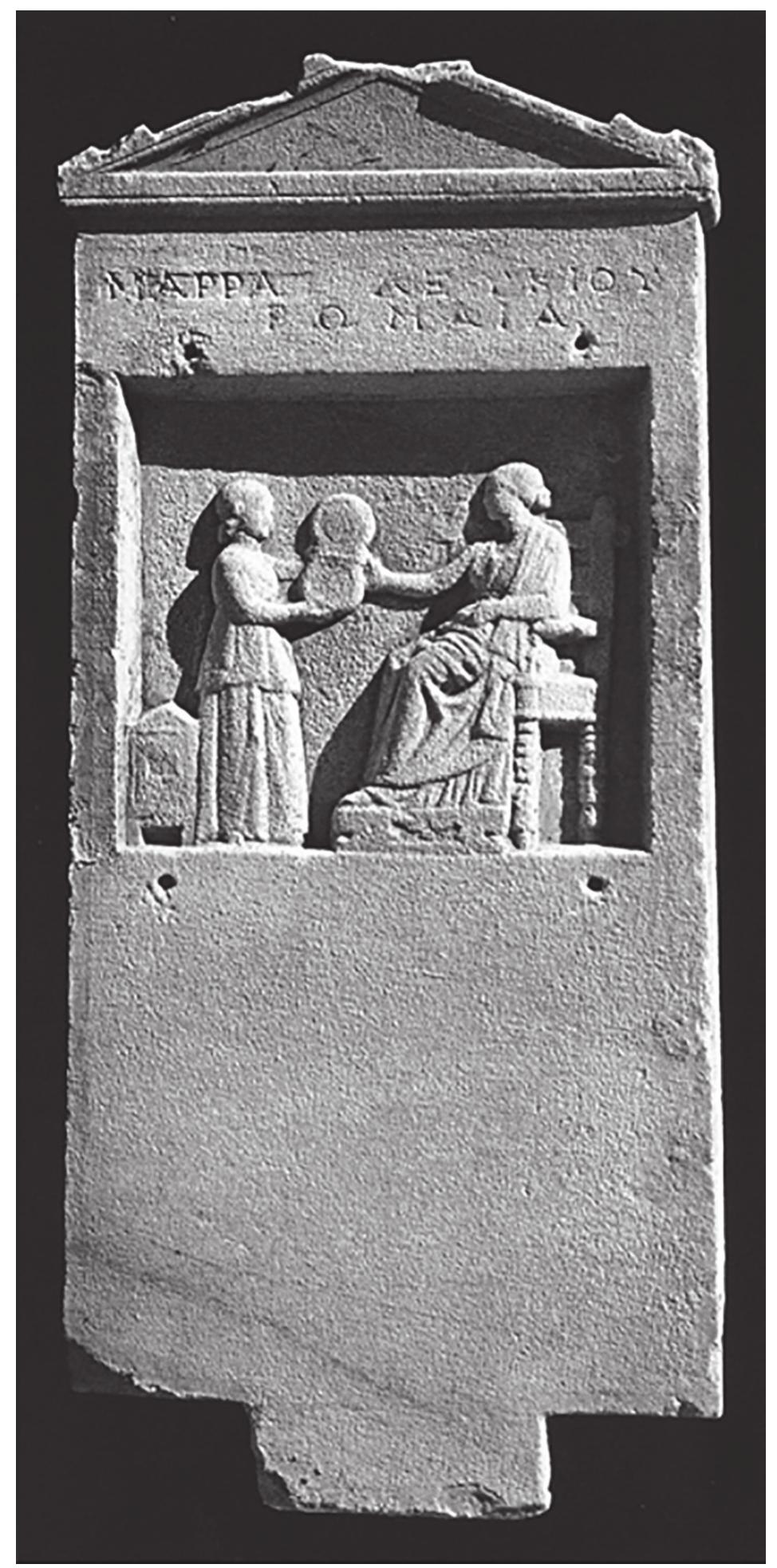 Figure 2. Relief grave stele, depicting mistress and maid. Inv. no. E199 (© Ministry of Culture and Sports/Ephorate of Antiquities of Dodecanese/ Archaeological Receipts Fund). 
