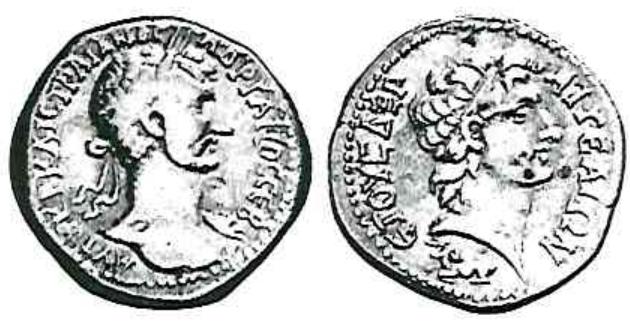 Aus stilistischer Sicht ist die Miinze bemerkenswert, denn es finden sich keine Ahnlichkeiter zu der im Jahr 164 einsetzenden Pragung.*! Das Kaiserportrait der Vorderseite gibt zwai einen anderen Bildnistyp als die spéteren Prigungen wieder, doch weist es einen ganzlick anderen Stil auf, zumal ungewohnlicherweise eine reine Portraitbiiste gezeigt wird. Proble- me bereitet die Identifikation des Bildnisses auf der Rtickseite. Mit dem kurzen Haar, der tief sitzenden Augen und den ausgepragten Wangenknochen dhnelt es eher dem Portrai eines hellenistischen Herrschers (vgl. Abb. 3 und 4) als dem im folgenden Jahr 164 stark stilisiert dargestellten Alexander (vgl. Abb. 2).32 Diese Diskrepanz muss man sich dami erklaren, dass in Aigeai nicht regelmafig solche Alexanderportraits gepragt wurden. Dem: jenigen, der den Stempel schnitt, stand méglicherweise das Portrait eines Seleukiden vor Augen, welches an einem der éffentlichen Platze der Stadt aufgestellt war. Aufgrund der bislang bekannten Griindungsgeschichte der Stadt und ihrer Mtinzpragung bietet sich al: beabsichtigtes Miinzbild allerdings nur Alexander an. 