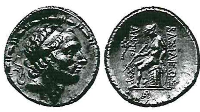 Abb. 3: Tetradrachmon, Antiochos III., 200-187 v. Chr., Antiocheia, Lanz 97, Nr. 228.  dem Weg von Tarsos nach Tyana.*5 Mopsukrene ist, eine Reisegeschwindigkeit von taglich 30-50 km angenommen, vier Tagesreisen von Aigeai entfernt.* Stellt man einen mehrtadgigen  Aufenthalt in der Metropolis Tarsos in Rechnung, so diirfte Hadrian Aigeai um den 7. Okto- ber herum verlassen haben. 