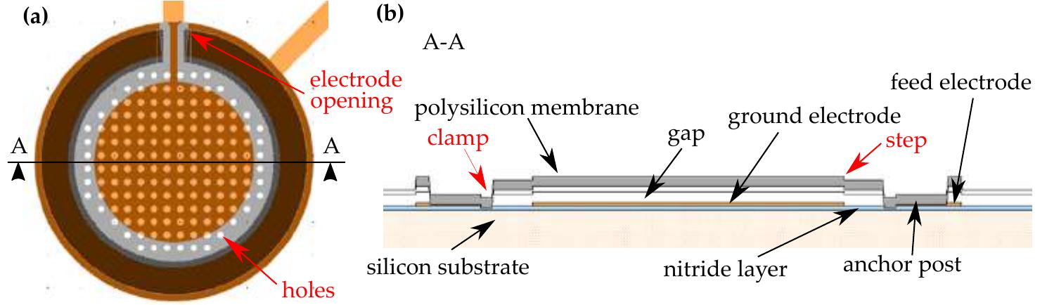 (a) top and (b) sectional views of a typical membrane layout