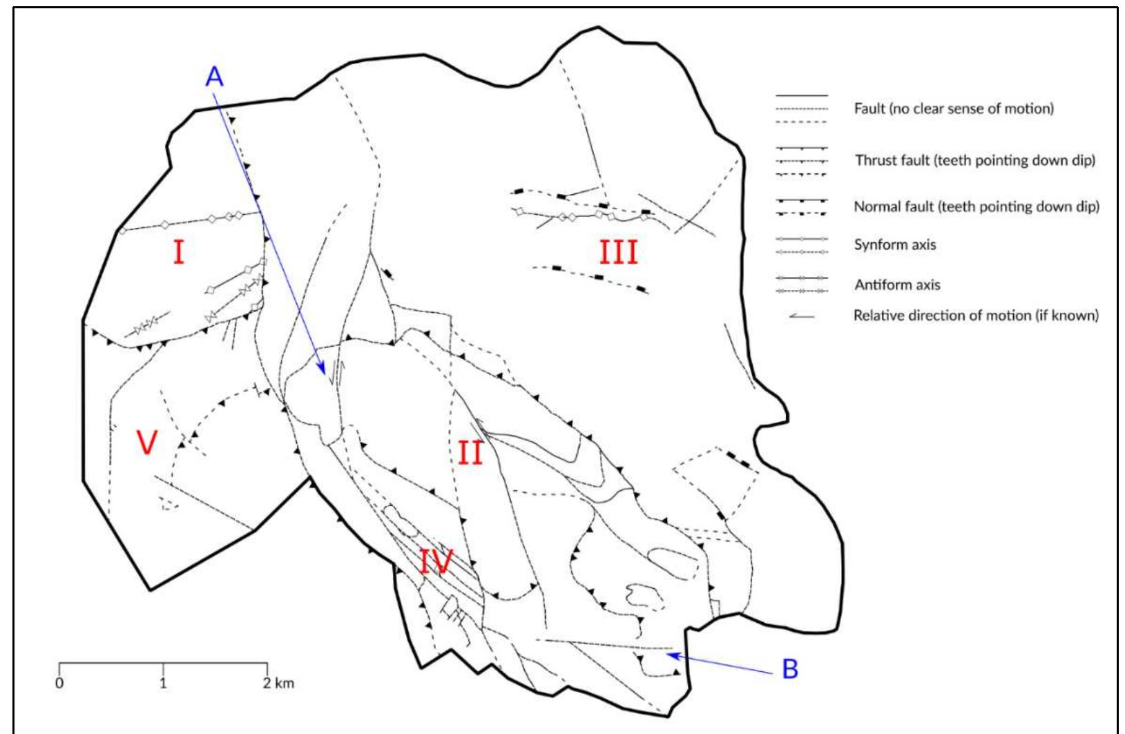 Schematic map illustrating key structural geology in the
