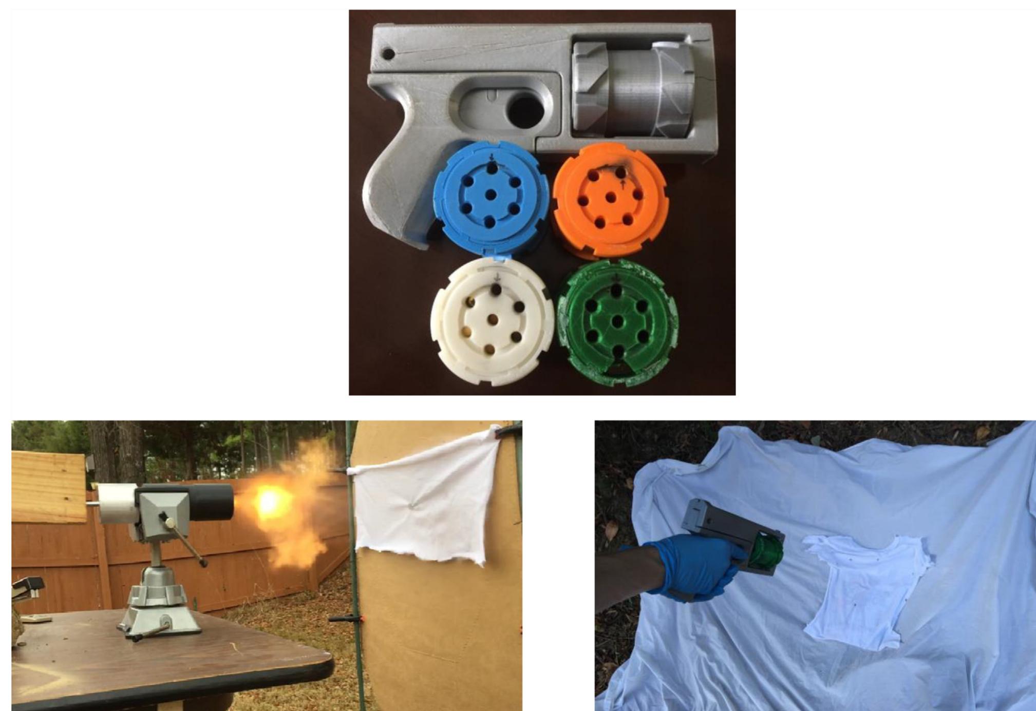 Fig. 1. Phase I test-fire of ABS polymer barrel (left). Fully 3D-printed gun and interchangeable cylinders composed of blue CPE, white ABS, orange PLA, and green PETG (center). Phase II test-fire of 3D-printed gun (right). 