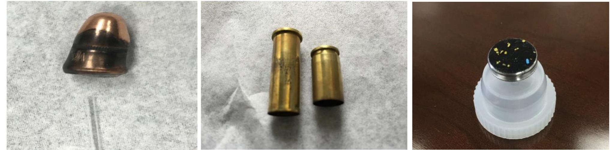 Fig. 2. Categories of trace evidence analyzed in this study. Bullet fired from a gun with a black ABS barrel showing a polymer smear mark and scrape marks from the meltin: point tube used for DART-MS analysis (left). Cartridge case from the same gun (middle, left shell) showing external black polymer residue, unlike a cartridge case from | traditional gun (middle, right shell). Adhesive stub used to collect GSR and occasionally polymer (colored) fragments from a cotton t-shirt (right).  of cartridge cases, bullets, and GSR stubs (Fig. 2). A melting point (glass capillary) tube was used to scrape the bullet and cartridge cases and then the tube was placed in the DART beam near the sampling inlet orifice of the AccuTOF mass spectrometer. For GSR collected from clothing, we deposited approximately 50 pL of methanol onto the center of the GSR stub using a pipette, and then immediately withdrew the methanol back into the pipette for transfer into a glass sample vial. The 50 tL volume was sufficient to cover the entire surface of the stub without overflow. Approxi- mately 1-3 uL of the methanol were deposited onto the sealed end of a glass melting point tube for analysis in the DART gas stream. A mass spectrum of polyethylene glycol (PEG), with an  average molecular weight of 600 g/mol, was used as a reference standard for the mass calibration. The atmospheric pressure inter- face was operated with the atmospheric pressure interface poten- tials set to: Orifice 1 = 20 V, Orifice 2 =5 V, and Ring Lens = 5 V. At these potentials, little to no collision-induced dissociation (CID) occurs and the resulting mass spectra are dominated by protonated molecules ([M + H]*). The RF ion guide voltage was set to G00 V to allow the detection of ions greater than m/z 60. The DART-SVP ion source (IonSense Inc., Saugus, MA) was operated with a helium gas heater temperature of 300 °C and exit grid voltage of 250 V. TSS Unity software (Shrader Analytical, Detroit, MI) and Mass Spec Tools software (RBC Software, available from http://www.shop. 
