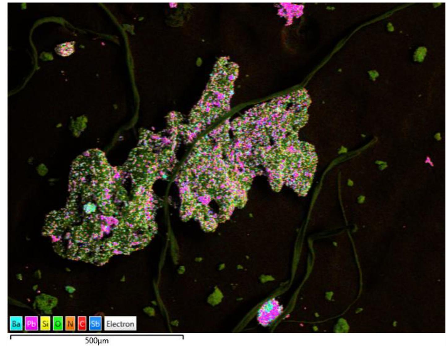 Fig. 4. SEM/EDS image showing the distribution of heavy metals (Pb, Ba, and Sb) in GSR from a 3D-printed gun.  A SEM stub that was not exposed to GSR was extracted with 50 pL of methanol following the same procedure used for the stubs used to sample GSR. Methanol was chosen because it is effective in extracting compounds associated with organic GSR, but it does not dissolve the black adhesive material attached to the SEM stub. In both phases of the study, DART-MS readily detected ethyl cen- tralite, methyl centralite and diphenylamine, commonly found in firearm propellants, on the bullet and cartridge case, as well as in the solvent wash of the GSR stub (Fig. 5). In contrast, the blank stub showed trace phthalates and a peak at m/z 217.107 corresponding to the elemental composition C;9H1705. The compound responsible for this peak is not assigned, but the peak was not observed in the stub exposed to GSR. Because positive-ion DART operates by pro- ton transfer, DART is particularly sensitive to compounds with high proton affinities, such as ethyl centralite and diphenylamine that are observed in organic GSR, but it is less sensitive to the back- ground peaks observed in the blank. Both scraping of the material firearm evidence and solvent washes of the GSR stubs were  SEM/EDS analysis of GSR stubs collected in phase II of the study showed small (micron-sized) spherical particles with high levels of Pb and Ba, presumably inorganic GSR condensates, on larger parti- cles (flakes) that had high levels of C and O, presumably partially burnt or unburnt propellant and/or primer (Fig. 4). However, using SEM/EDS to distinguish between OGSR and polymer from the 3D- printed gun is problematic given that both are organic and can have a range of particle sizes and morphologies. CPE contains chlo- rine that may not be present in typical OGSR, and there may be some morphological differences between OGSR and polymer frag- ments to key in on, but this requires further investigation and is beyond the scope of this paper. Polymer was not detected in the GSR stub solvent washes; instead, those spectra were dominated by the compounds typical of OGSR discussed earlier. This would 