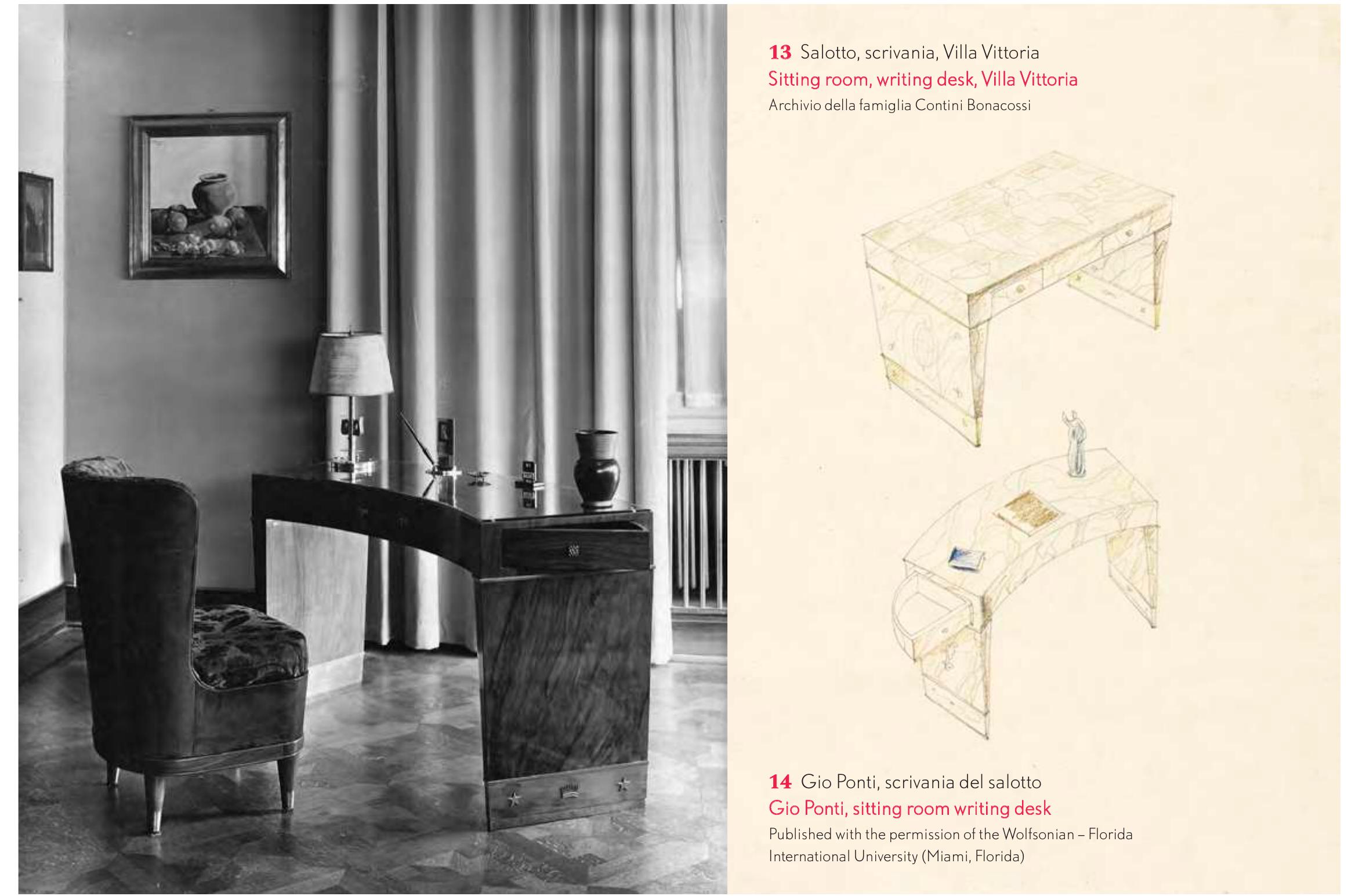 ricerca artistica e la produzione di serie di mobili mo- derni ed essenziali, dal costo ben inferiore rispetto ai preziosi pezzi di ebanisteria dei Contini Bonacossi”®. La seduta a culla é retta da un telaio tubolare in lega di alluminio anticorodal, ma il disegno a inchiostro di quattro gambe troncoconiche che Ponti sovrappone alla fotografia d’epoca della Beltrami sembra testimo- niare la parentela diretta con le sedute del salotto di Villa Vittoria, o quaantomeno l’appartenenza al medesi- mo percorso progettuale | fig. 16]. Marcello Piacentini, che come Ponti praticava un approccio alla moderni- ta non dogmatico, nutrito dal rapporto con gli esem- pi del passato, ma al contempo rivolto ad applicazioni  a direct channel between his own artistic research and the production of modern and essential furniture, with lower cost than the precious pieces of cabinet-making of the Contini Bonacossi”®. The cradle-shaped seat is supported by a tubular frame in anticorodal aluminium alloy, but the ink drawing of four truncated cone legs that Ponti superimposes on the period photograph of Beltrami seems to testify to a direct relation with the seating in the Villa Vittoria living room, or at least to belonging to the same design path [fig.16]. Marcello Piacentini, who, like Ponti, practised a non-dogmatic approach to modernity, nourished by the relationship with examples from the past, but at the same time aimed 