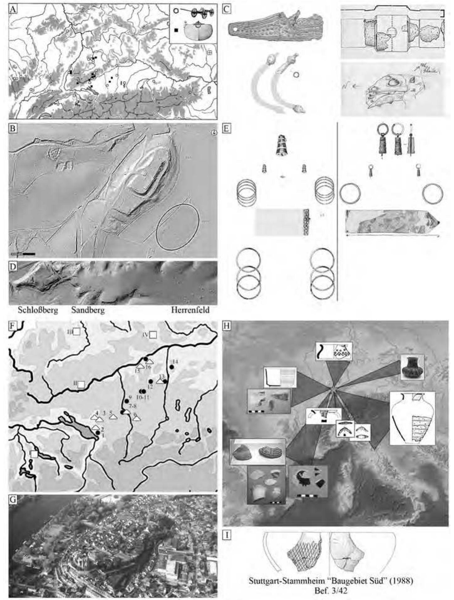 Fig. 2 — A) Map of type 7 metal clad wagons and type Kappel/Horgauergreut cauldrons (after Pare 1991; Egg in Dehn-Egg. Lehnert 2005); B) Augsburg- Bergheim, Wellenburg, digital model of the castle hill and the barrows site at its foot (courtesy 0: the Bayerische Vermessungsverwaltung); C) Exceptional finds (barrow of 1924): a golden shoe mount, horse gear and wagor fittings (after Hennig 2009); D) Reisensburg “Schlo&berg’’, the Sandberg plateau and the Herrenfeld barrow field (courtesy o the Bayerische Vermessungsverwaltung); E) Amber distaff finals and their contexts from Aislingen Katherinenhof barrow ¢ and Hirschlanden grave 5 (after Demleiter 1908; Ziirn 1970); F) Squares = princely seats: I) Ziirich “Uitliberg”’; IT) Hundersin: gen “Heuneburg”; III) Asperg “Hohenasperg”’; IV) Bopfingen “Ipf’; black circles = barrows and triangles = sites as discussec in the paper; G) Breisach “Miinsterberg”, from the southeast, the Rhine to the left (Landesamt fiir Denkmalpflege im RI Stuttgart/O. Braasch); H) Imports and products of non-local tradition from Breisach “Miinsterberg” in Ha D3 (Balzer 2009) I) Bowl (diam. 36 cm) with graphite net décor from Stuttgart-Stammheim “Baugebiet Siid” (I. Balzer in preparation: pl. 84,1)  