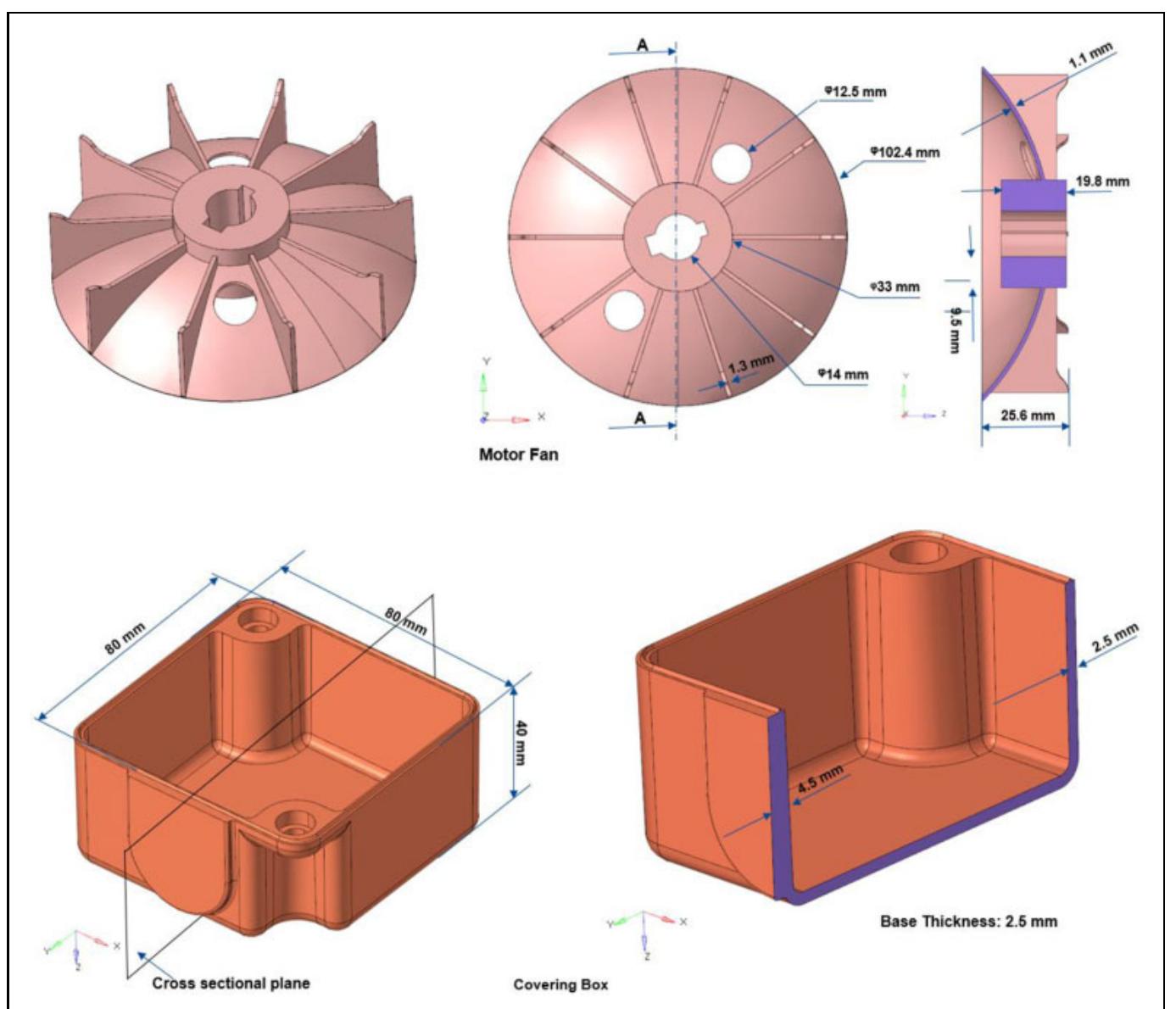 Cad model of the motor fan (top) and the cross-sectional