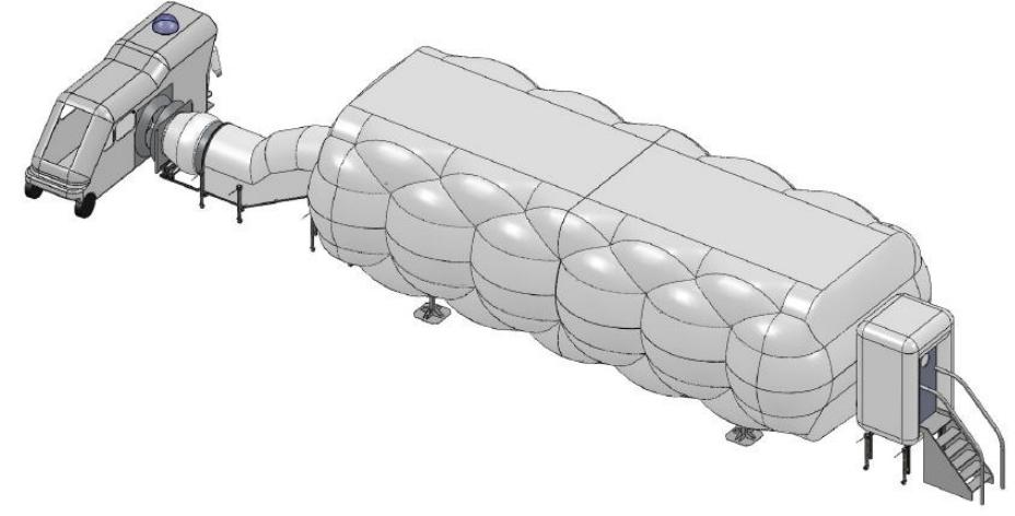 Figure 4. Additional subsystems. On one end of the habitat is the airlock through which crew members will ingress and egress to conduct Extra Vehicular Activity operations on foot. The hatch and the tunnel that  The hatch and the tunnel that interfaces between the habitat and the rover are located on the opposite end of the habitat, in the laboratory section. Due to the difference in height of the habitat and the rover, the rigid portion of the tunnel will include a section which descends at a slight gradient to allow crews to easily move between the habitat  and rover.  The end portion of the tunnel is a moveable  piece controlled from inside the habitat. When the rover returns to the habitat after completing an EVA excursion,  the rover o  perator aligns the vehicle’s hatch with the  tunnel, while a crew member in the habitat controls that the end of the tunnel extends and docks along with the  rover, providing a steady seal. 