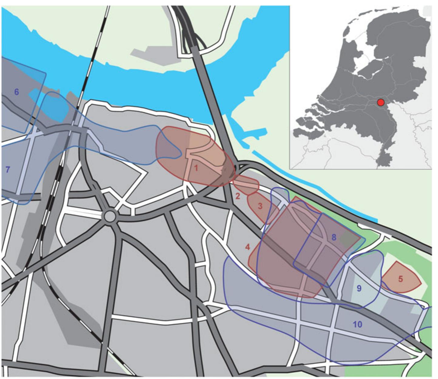 FIG. 1. The main early and middle Roman archaeological complexes on the Hunerberg and the Kops Plateau. 1—S:  pre-Flavian. 1: Oppidum Batavorum; 2: Trajanusplein fort; 3: cemetery; 4: Augustan military base; 5: Kops Plateau  fort. 6-10: Flavian and later. 6: Ulpia Noviomagus; 7: cemetery; 8: legionary fortress (castra); 9: extramural settlement (canabae legionis); 10: cemetery (adapted from van Enckevort and Heirbaut 2010, figs 29, 151). 