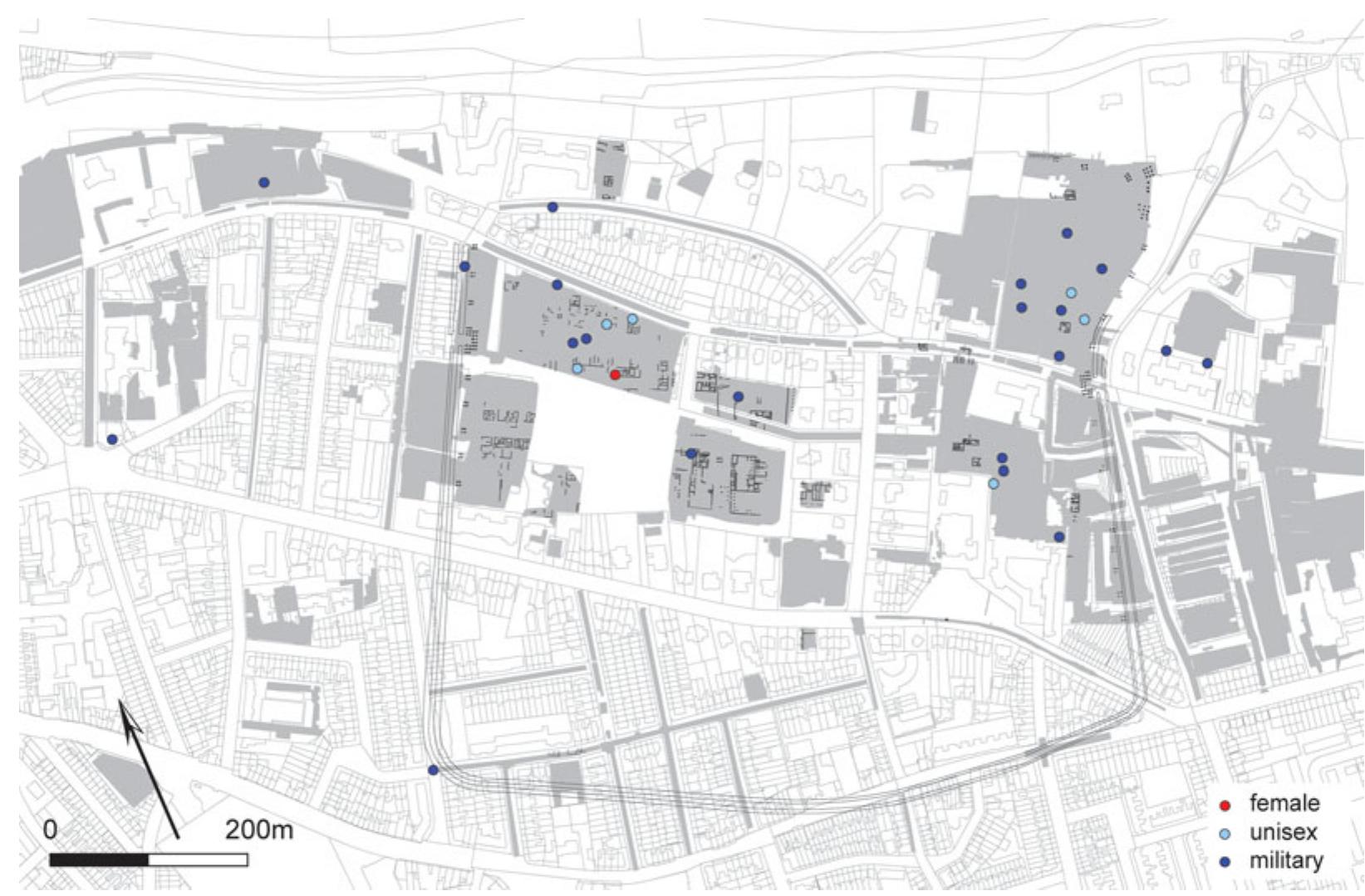FIG. 4. Distribution of the Augustan brooches identified as ‘female’ (red), ‘unisex’ (light blue) and ‘military’ (dark blue) across the Augustan military base and its immediate vicinity. Excavation trenches are indicated in grey. 
