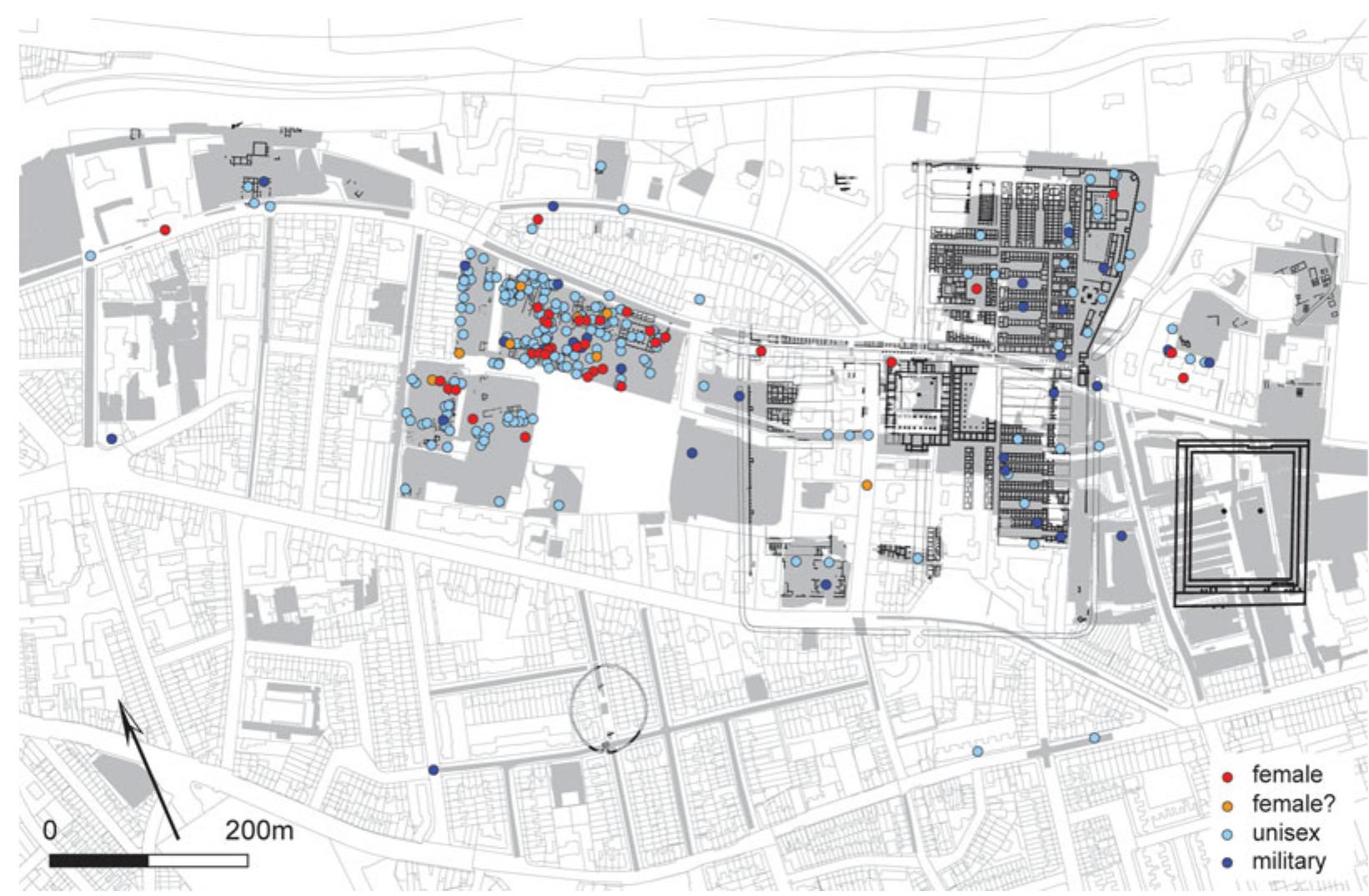 FIG. 5. Distribution of the Flavio-Trajanic brooches identified as ‘female’ (red), ‘possibly female’ (orange), ‘unisex’ (light blue) and ‘military’ (dark blue) across the legionary fortress and its extramural settlement. Excavation trenches are indicated in grey. 