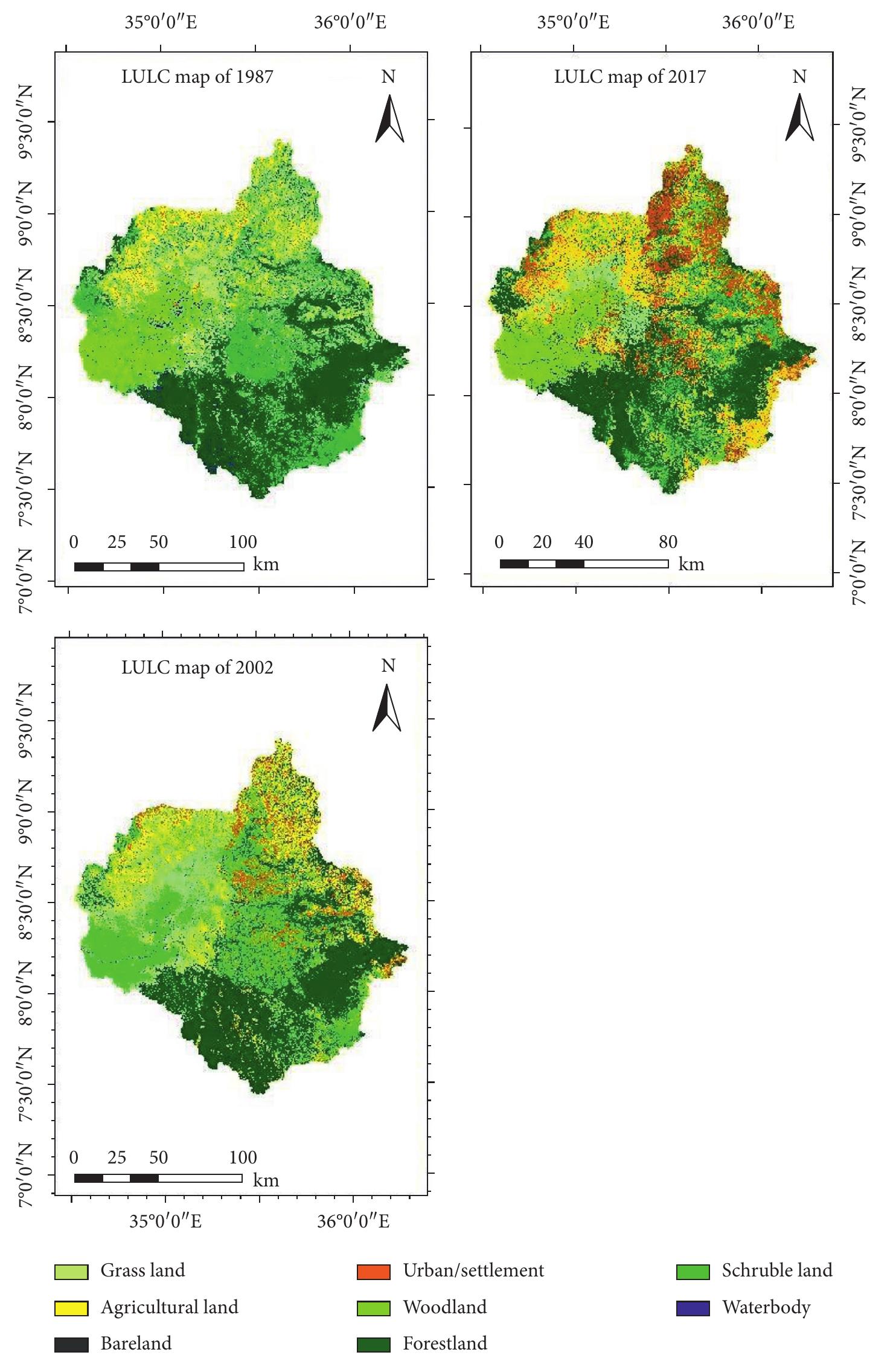 Ficure 6: land use land cover map of 1987, 2002, and 2017.