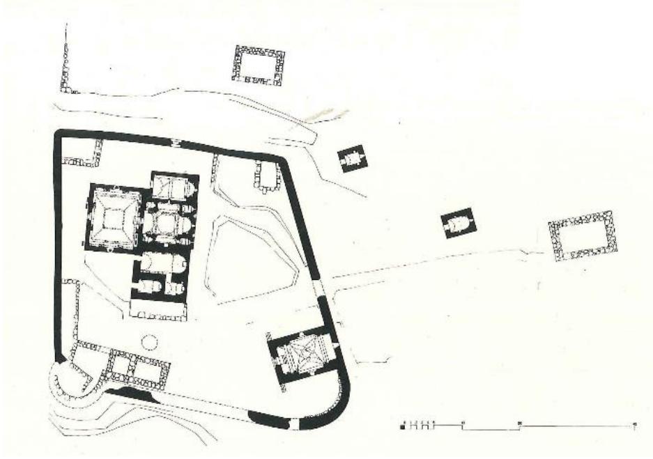Fig.1 Noravank in 1875 (from [1])  The monastery of Noravank, consisting of three churches “strictly aligned according to an experienced habit” [1], a gavit and a wall — more organic and adapted to the surrounding terrain — stands in an isolated site, placed on a terrace on the southern slopes of a valley, in the place where until the ninth century there was a church dedicated to S. P’okas and then another more recent, of uncertain name, re-emerged thanks to recent excavations. 