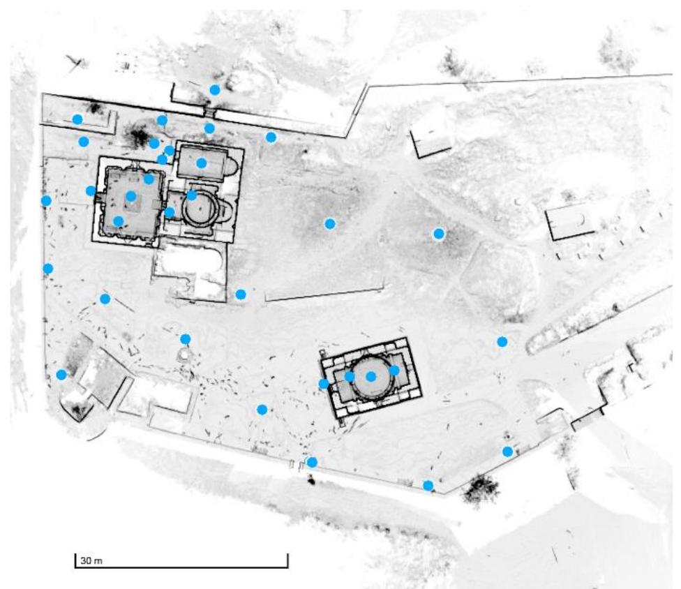 Unfortunately, the dangerous access did not allow to detect the upper floor of the Astvatsatsin. We could have made up for it with the use of a drone, in fact the roof is formed by a monoptera lantern, between whose columns we could access, but the criticality of the operation has discarded the idea.  Subsequently, the interiors were also detected.  Fig.6 Noravank — General plan of scans (processing MC)  Given the lack of obstacles to the ‘ring’ path, external scans were performed describing two complete rings. Other scans included some areas of interest between the two nuclei.  In all, 34 scans were carried out, sufficient to record a cloud capable of comprehensively recording the morphology of the most important architectural elements. 