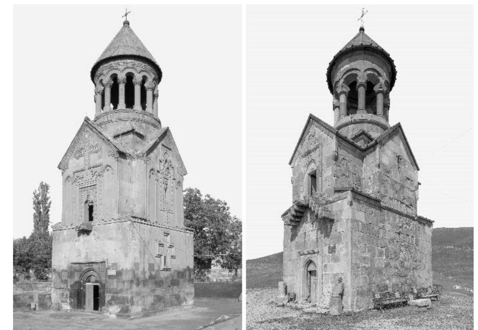 Fig.7 — The two-storey churches of Eghvard (left) and Kaputan (right)  But the most interesting feature of this building is its layout on two levels and the and the staircase with two flights on the facade. In Armenia there are only two similar buildings, in Eghvard and Kaputan (Fig.7). 