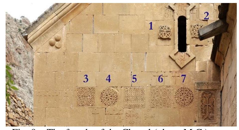 Our attention, however, is focused on the seven elements that present geometric patterns interwoven. They were numbered following the sequence from left to right on the two lines (figg.9-10). The first common feature is that the weave is composed of bands ordered according to the coupling of three cylindrical elements "flexible" as fibers. 1,2, 4 and 7 have a circular setting, while the others square. The passage above/below of the bands is then a three- dimensional interplay that seems to be temporally subsequent to that of the geometric setting. 