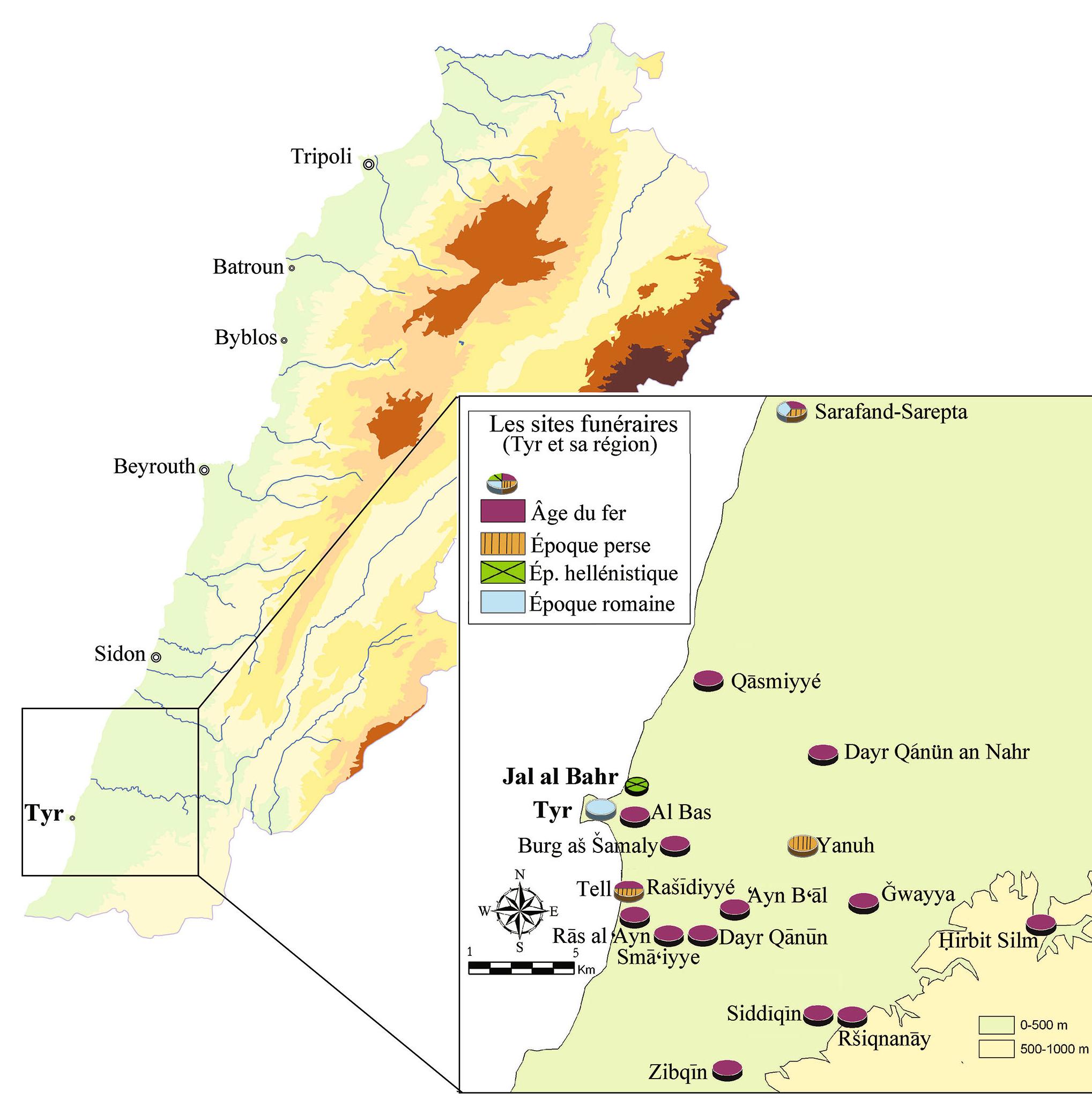 Fig. 1 Map of funerary sites in the Tyre region [1] / Localisation des sites funéraires dans la région de Tyr (Elias, 2010 