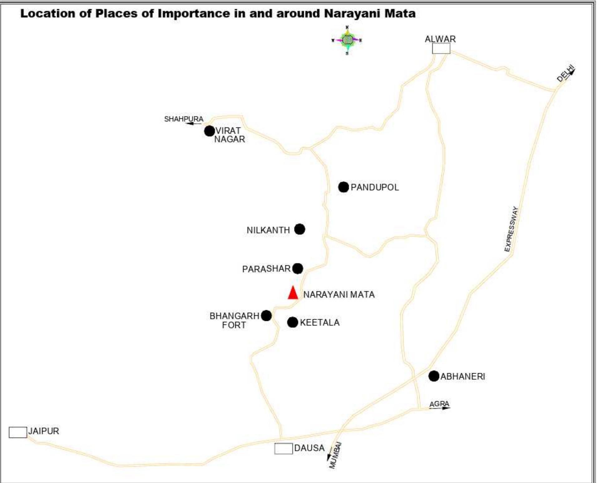 Map 1. Map showing Places of interest in and around Narayani Mata (prepared by Shri K.L Saini, Surveyor, Jaipur Circle) 