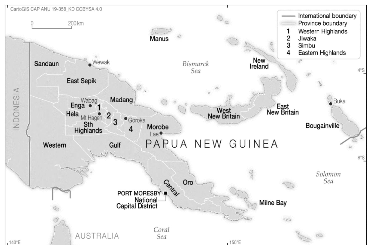 Map 1: Provinces of Papua New Guinea  Secretariat, 2015, p. 18). While exact statistics on deafness are unreported, in the wider Asia-Pacific region, 5.5% of people have “severe”, “profound” or “complete” hearing impairment (Stevens et al., 2013, p. 149). 