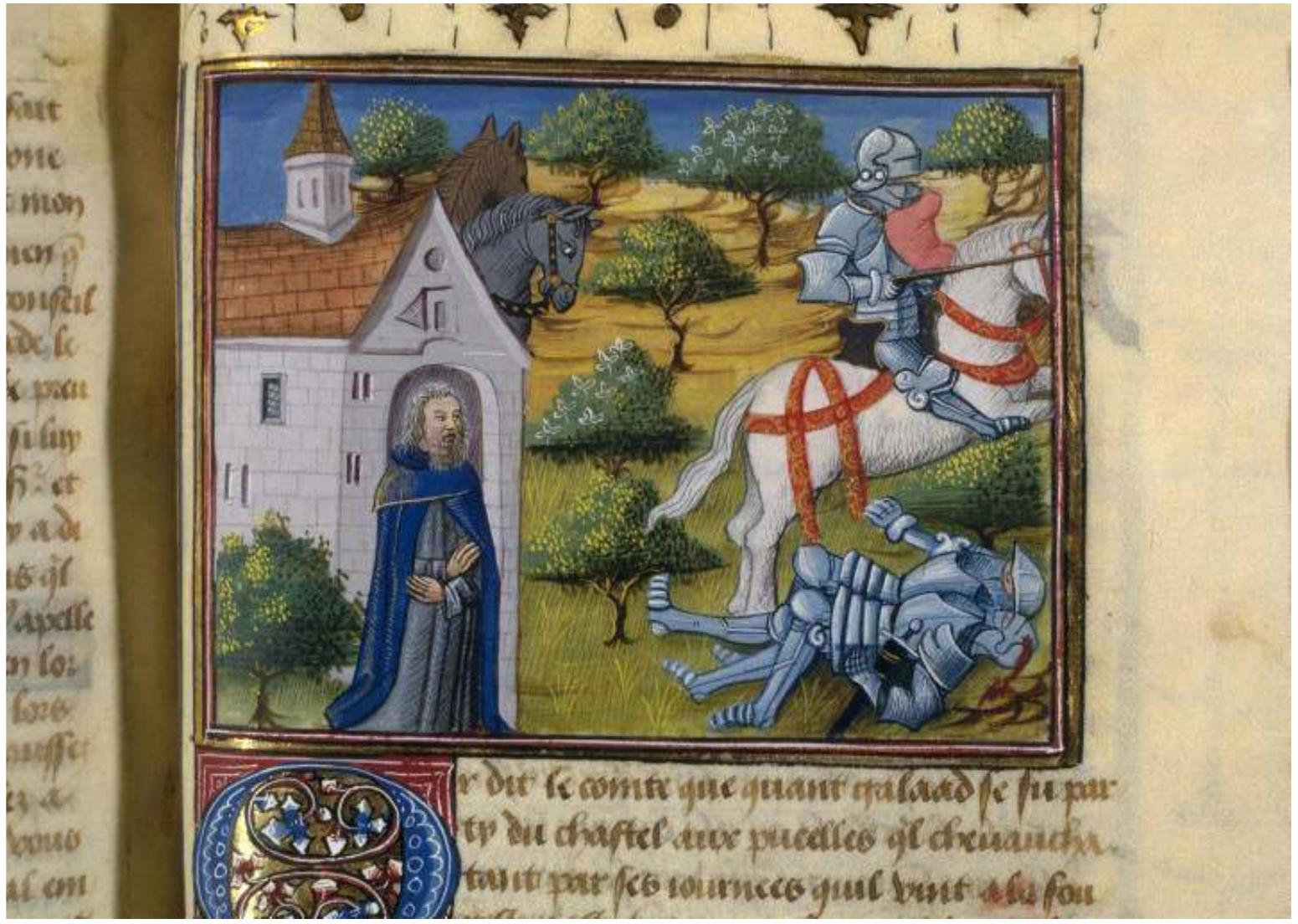 Fig. 1 — Paris, BnF, frangais 111, fol. 243r°, Galahad overturns Lancelot and Perceval (produced in Poitiers c. 1480). 
