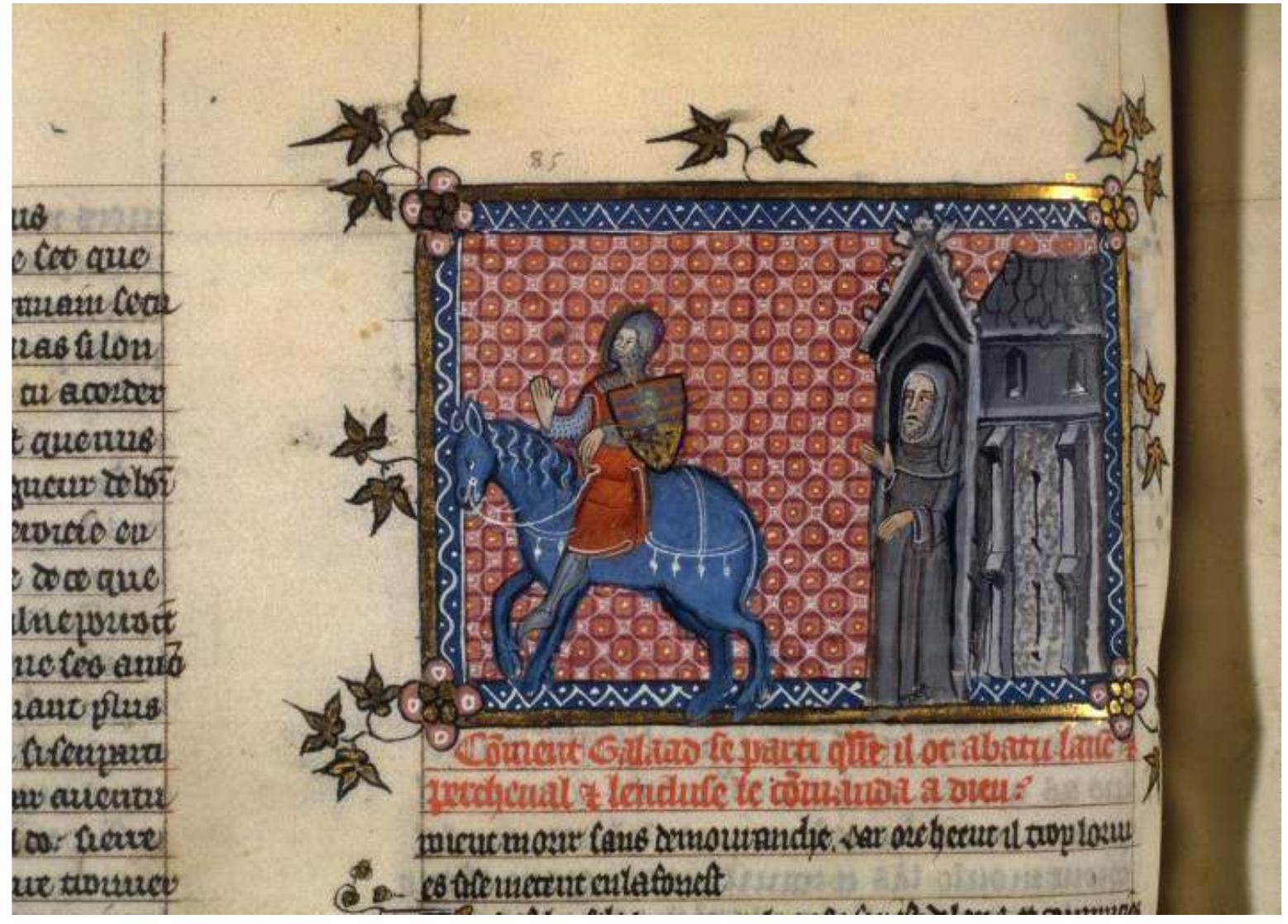 Fig. 3 — paris, BnF, fr. 122, fol. 229v°, Galaad leaves the anchorhold (produced in Hainault in 1344). 