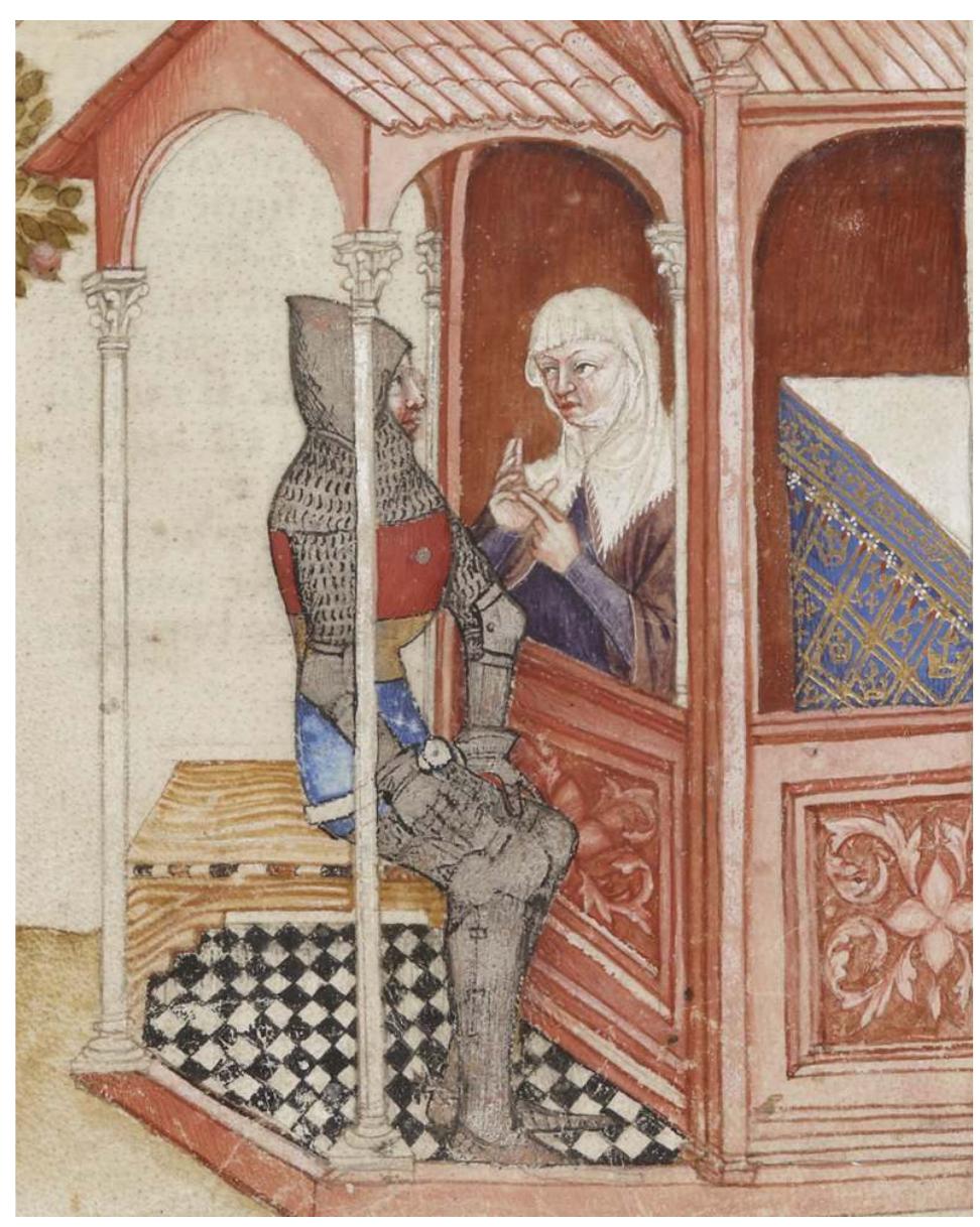 Fig. 4 — paris, BnF, fr. 343, fol. 33v°, Lancelot and the second recluse (produced in Italy c. 1380-1385). 