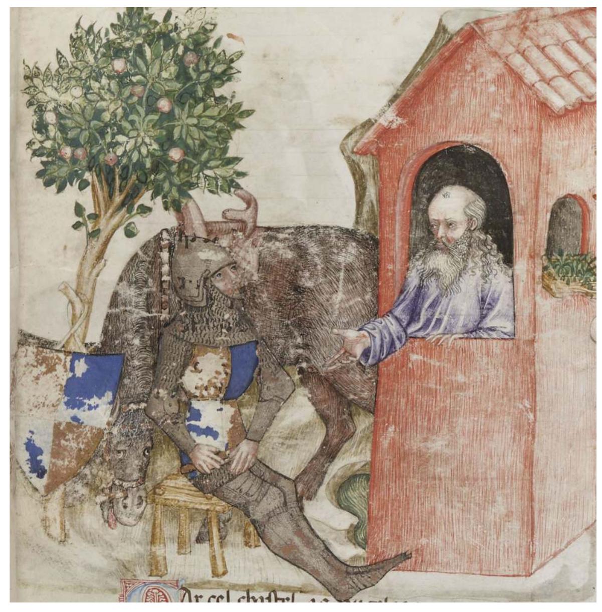 Fig. 5 — Paris, BnF, fr. 343, fol. 17r°, Gawain and a hermit (produced in Italy c. 1380-1385). 