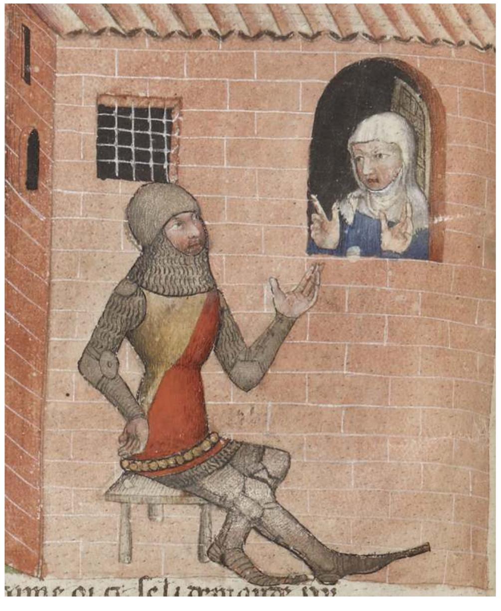 Fig. 6 — paris, BnF, fr. 343, fol. 21v’, Perceval in conversation with his aunt recluse. 