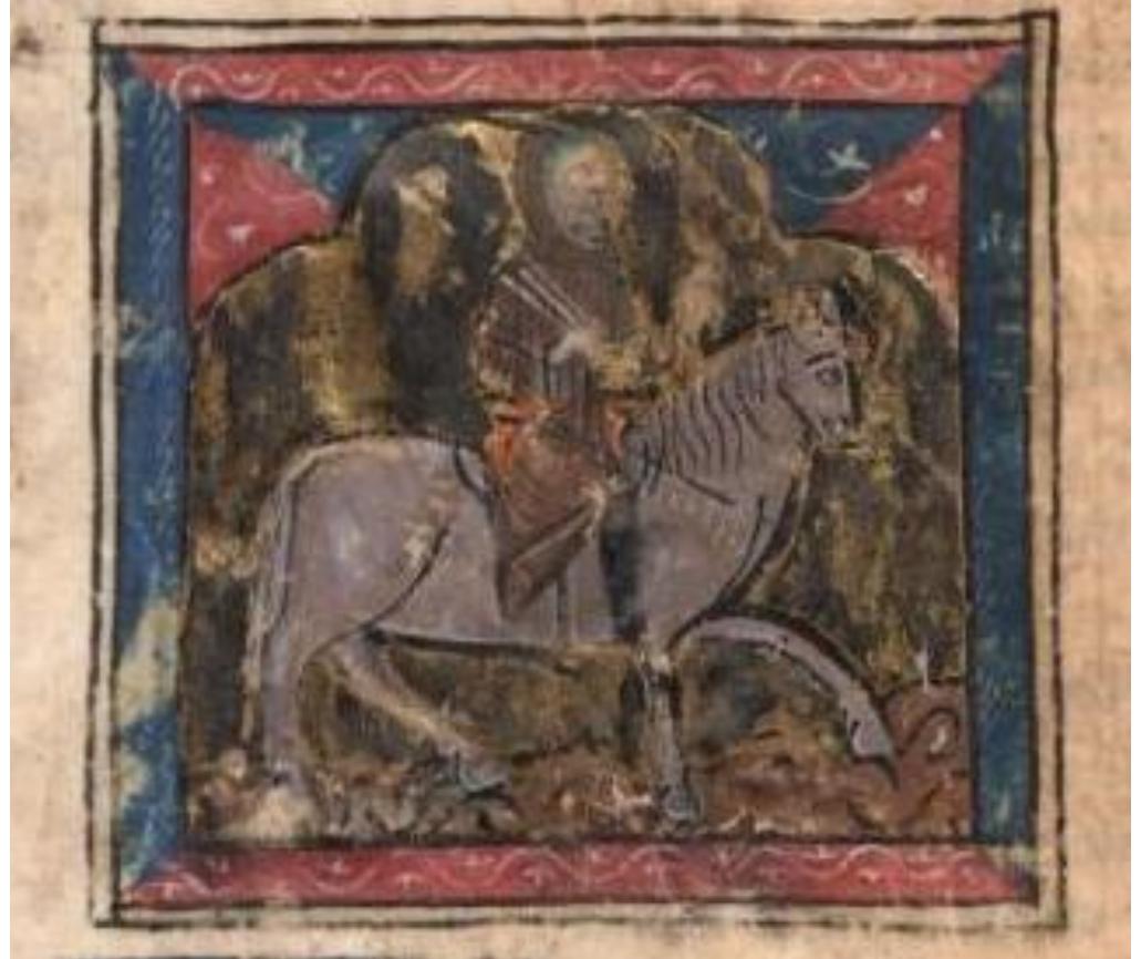 Fig. 1. Perceval sets out on a courser. From Bibliothéque de la Faculté de Médecine, Montpellier, H249, fol. 1r 