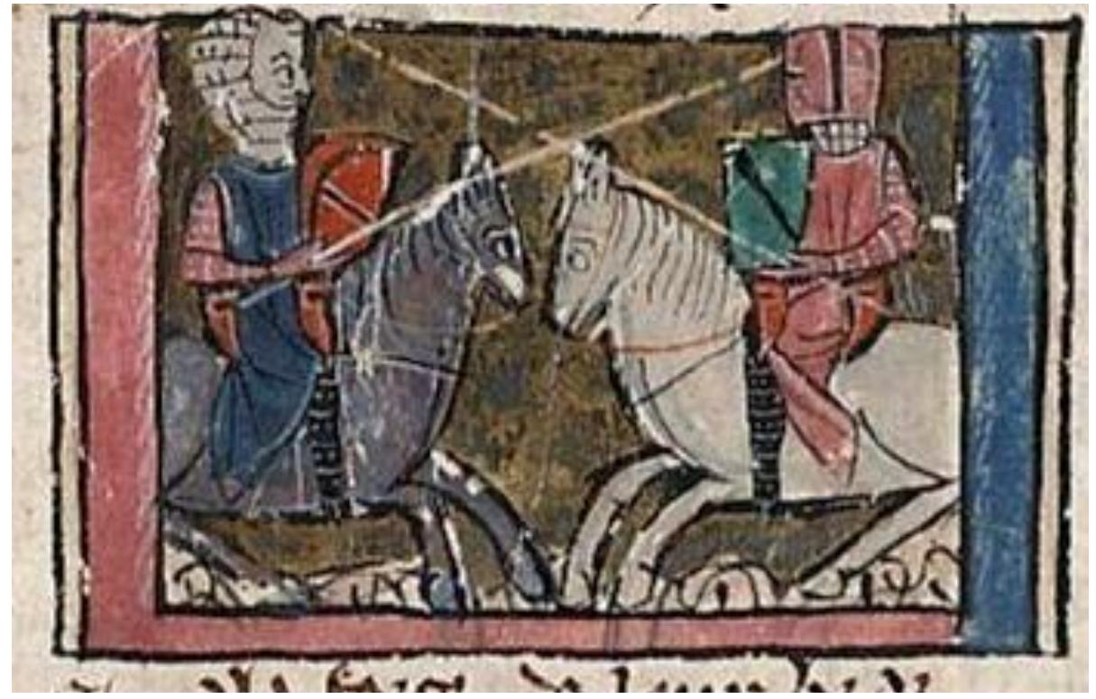 Fig. 3. Perceval in red armour on a white horse. From Bibliothéque de la Faculté de Médecine, Montpellier, H249, fol. 15r.  On becoming a “knight,” Perceval is shown on a white horse in at least one of the illuminated manuscripts of Chrétien’s romance: the illuminator of the Montpellier manuscript shows Perceval in red armour tiding a white horse on fol. 15r (Fig. 3). Though the colour of the horse is not mentioned in the text at this point, the white horse could point to Perceval’s relative maturity or to his position as a “hero.” The “white” or, more precisely, the silver grey colour is symbolically important, as heroes are usually represented riding white horses: in the Queste del Saint Graal, Galahad is known as a “white knight,” and many, though not all illuminations, show him in white armour riding a white horse. White horses were also more prized than horses of other colours, including grey and dapple grey, as can be seen from lists of horse colour hierarchies. 