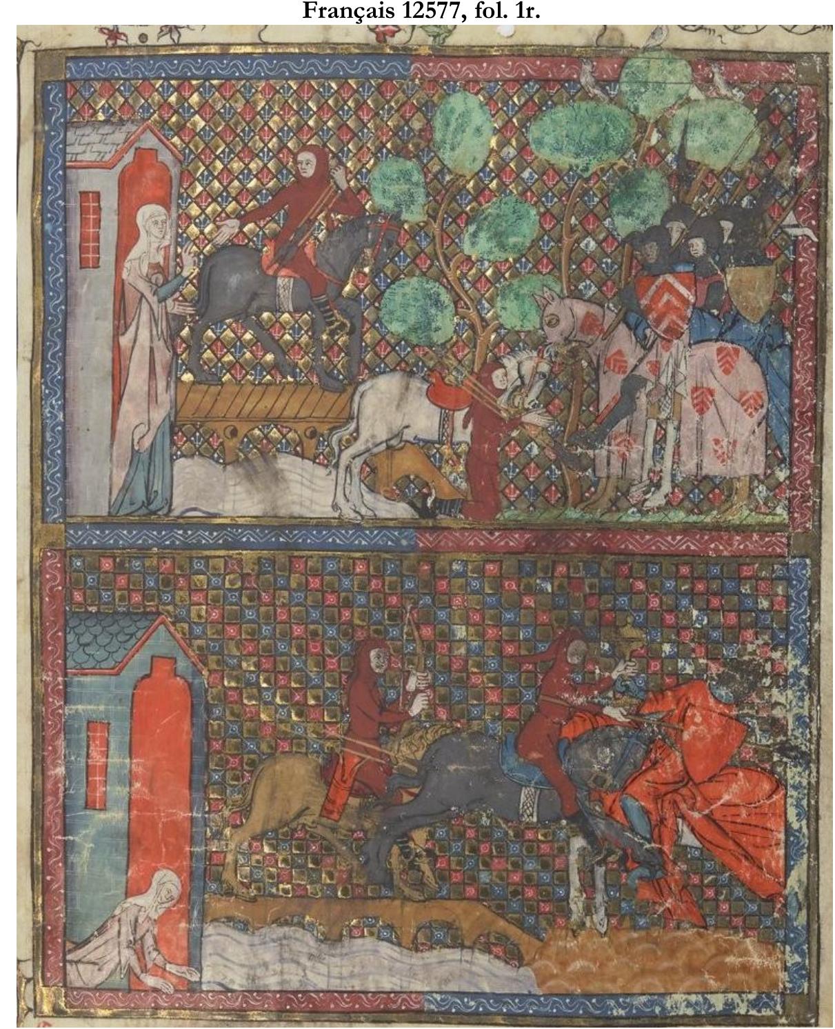 Fig. 6. Perceval's adventures at the beginning of the romance.  Bibliothéque nationale de France, Département des manuscrits, Frangais 12577, fol. 1r. 