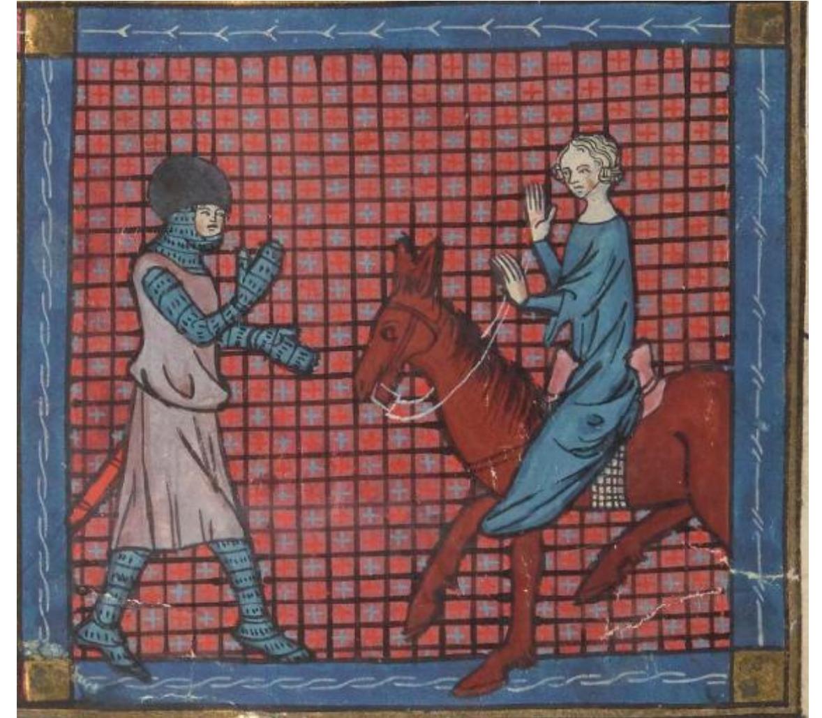 Fig. 7. The Ugly Damsel arrives at Arthur's court. Bibliothéque nationale de France, Département des manuscrits, Frangais 12577, fol. 27r. 