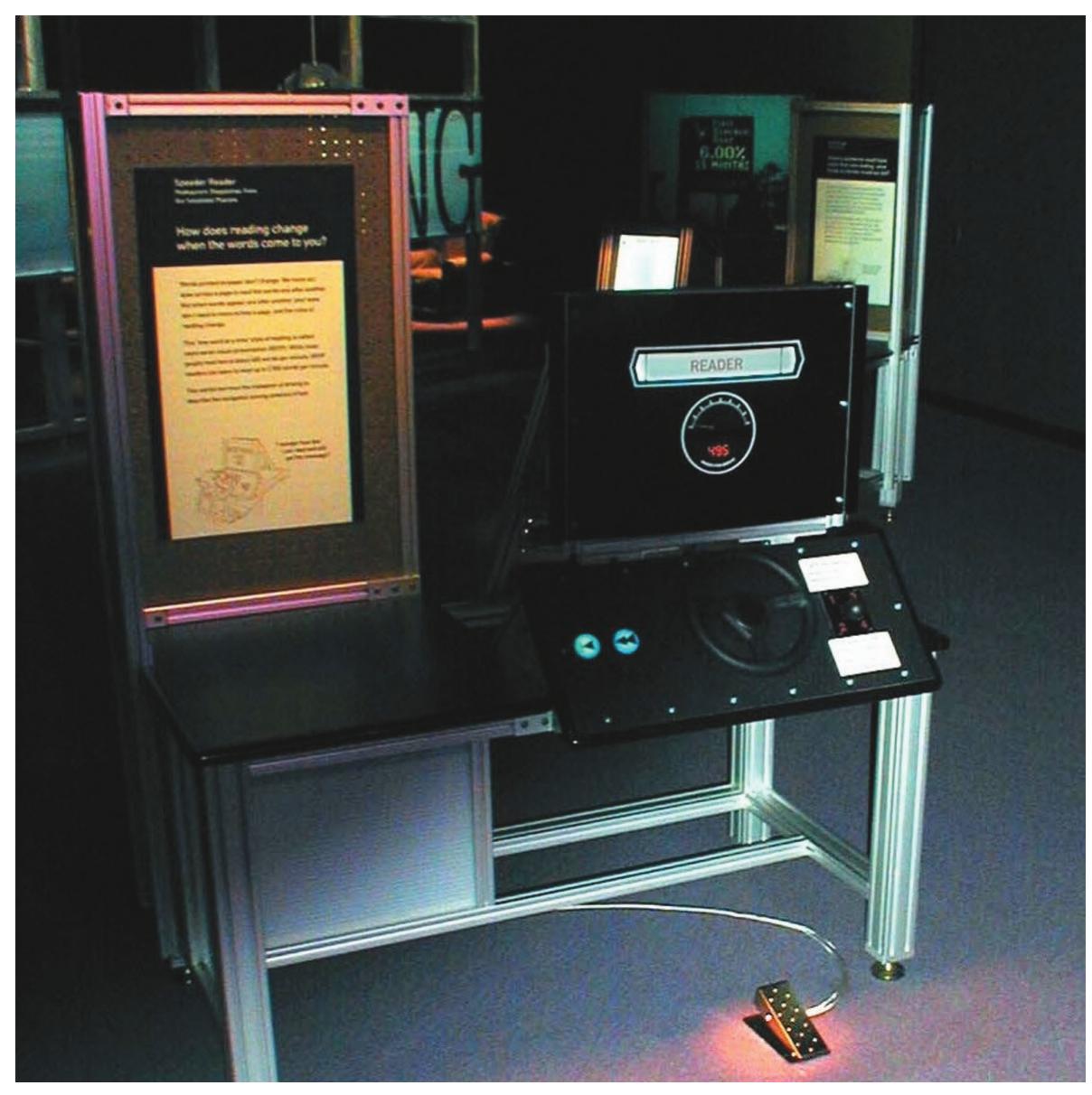 Figure 3. The Speeder Reader combines rapid serial visual presentation with a game- like racing interface to tell the story of a young girl’s spaceship ride. A bright pool of tightly focused light draws attention to the speed pedal, which controls how fast words flash on the screen.