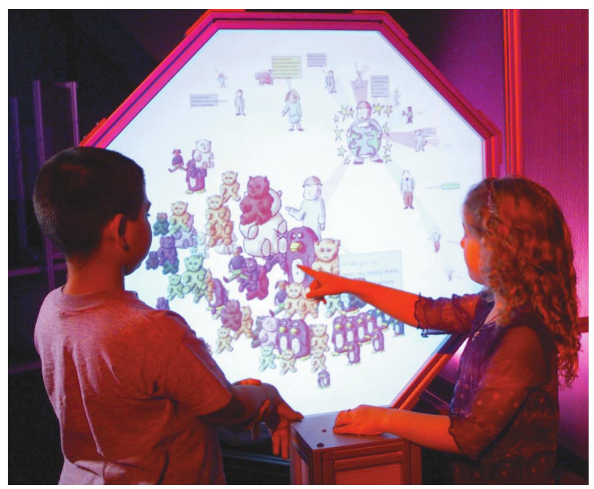 Figure 4. The Hyperbolic Reader tells the story of “Henry’s World.” Because the read- ing space is hyperbolic, words and images near the center appear larger than those near the edge. Although the story branches in several different directions, the reader can follow one pathway without losing sight of others.