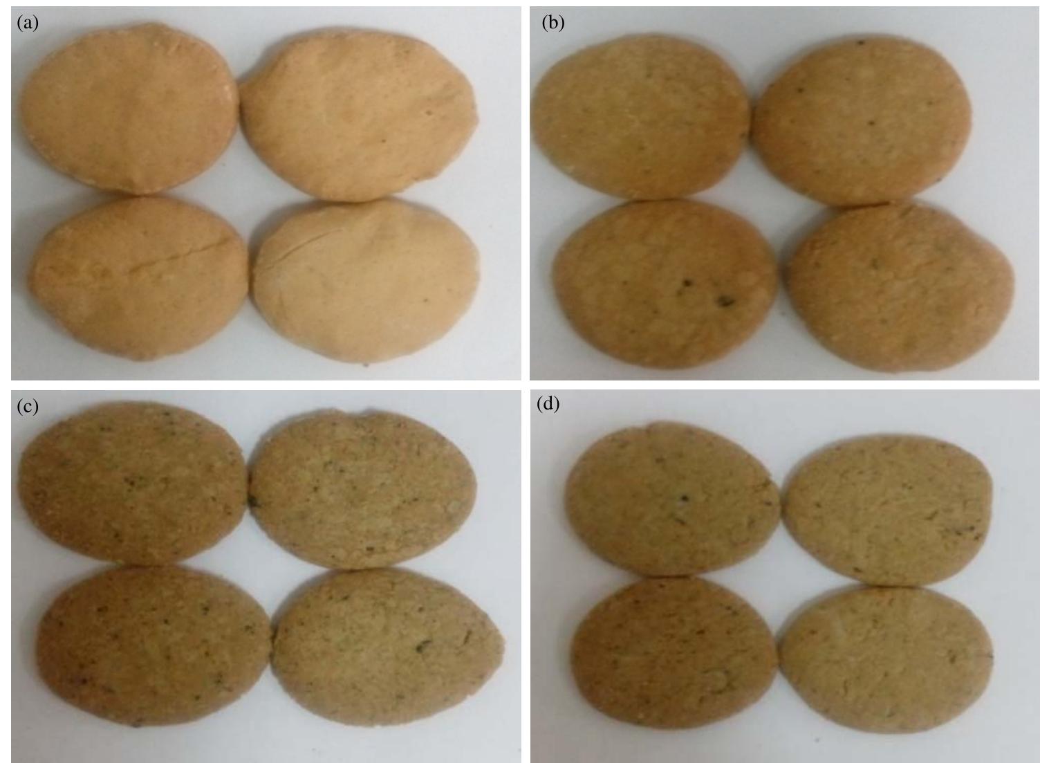 Fig. 1(a-d): Biscuits produced from wheat flour and its supplement with SCGs, (a) Control, (b) Biscuit mixed with 2% SCGs, (c) Biscuit mixed with 4% SCGs and (d) Biscuit mixed with 6% SCGs 