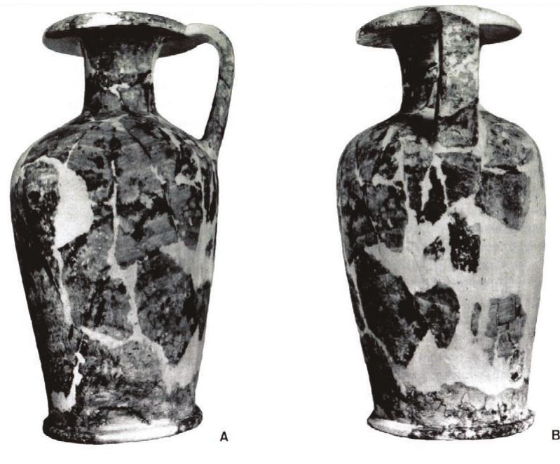 The second item is a strap-handled jug of Egyptian alabaster (calcite), 28.3 cm in height, found in a LH I context in Shaft Grave IV at Mycenae (Dietz 1991: 248-249). The shape is a stone imitation of a Cypriot Red Lustrous Wheel-made jar, which is dated to the Late Cypriot IA2 period (Eriksson 1993; 2007). Following Warren, all available parallels put the shape after the beginning of the 18" dynasty (in particular the wide-spreading rim), and after the reign of Amenhotep I (late 16" to 15" century BCE, see Eriksson 1993; 2007; Warren 2006; 2011; 2017;  Hein 2007; 2018). 