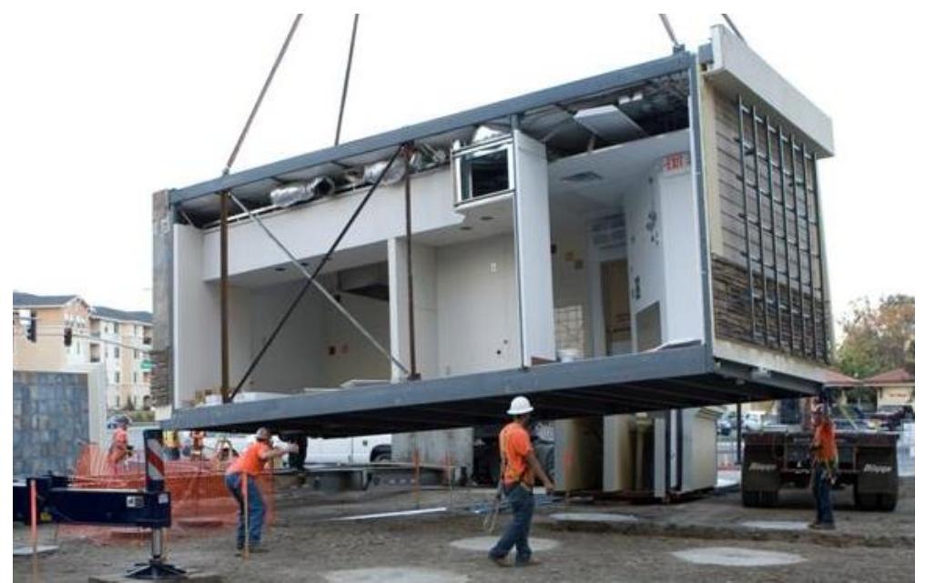 Dimensional structural frame being erected.