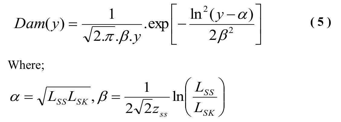Where; Lsx is the sure kill length, which means that d (Lsx) =0.98, Lss is the sure save length, which means d (Lss) =0.02 and Zss is a constant equal to 1.45222. For defining the damage extent range, it is a common approach in naval ship design to consider 2 or 3 damaged compartments around the detonation compartment, especially in the absence of blast resistant bulkheads (Erkel & Galle, 2003). Estimates that are more detailed may result from a careful risk assessment based on live firing tests analysis or the analysis of data from actual engagements. Other methods include empirical formulas linking the damage range with the type and weight of the warhead or from the use of damage lengths/extents defined in current deterministic damage stability regulations. In the latter case, which is the one proposed by Boulougouris and Papanikolaou 2004), a first approximation of the Lss can be taken according to naval codes DefStan 02-900 and DDS-079 as 0.15L (see Table 2). The authors state that the Lsx can be assumed equal to 0.02L.   The damage length probability density distribution is based on the concept of the Damage Function used in the theory of Defence Analysis (Przemieniecki, 1994). The well-known lognormal distribution is considered the most appropriate for this case. Therefore, the damage length probability density distribution is given by the following formula; 