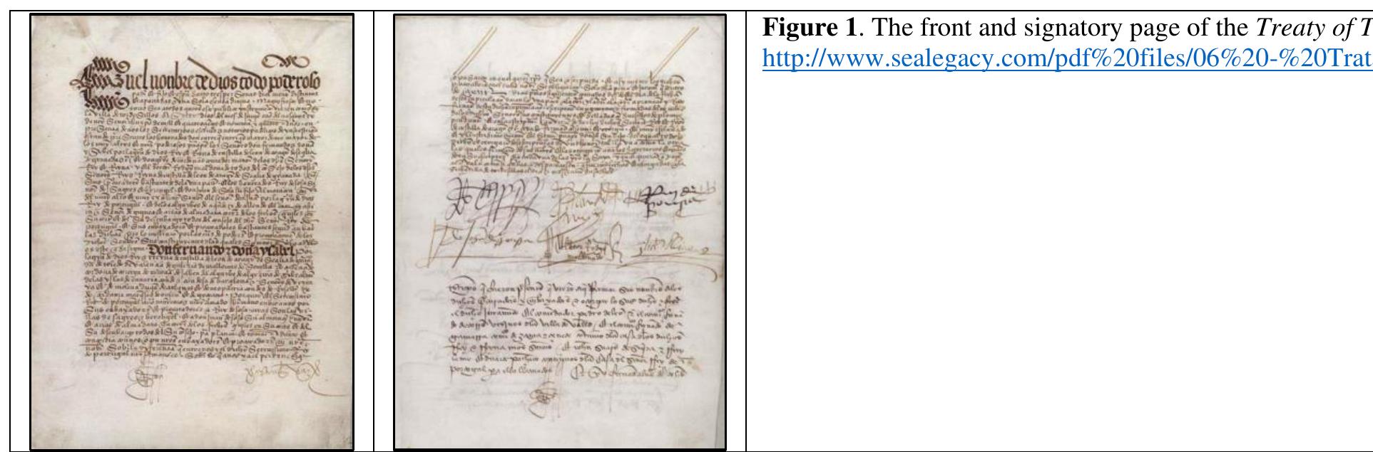 As to the division line, later to be called the Line of Demarcation (LoD), the language of the Treaty was very specific:  [1] ...convenanted and agreed that a boundary or straight line be determined and drawn north and south, from pole to pole, on the said ocean sea, from the Arctic to the Antarctic pole. This boundary shall be drawn straight, as aforesaid, at a distance of three hundred and seventy leagues west of the Cape Verde Island, being calculated by degrees, or by any other manner as may be considered the best and readiest, provided the distance shall be no greater than abovesaid.°® 