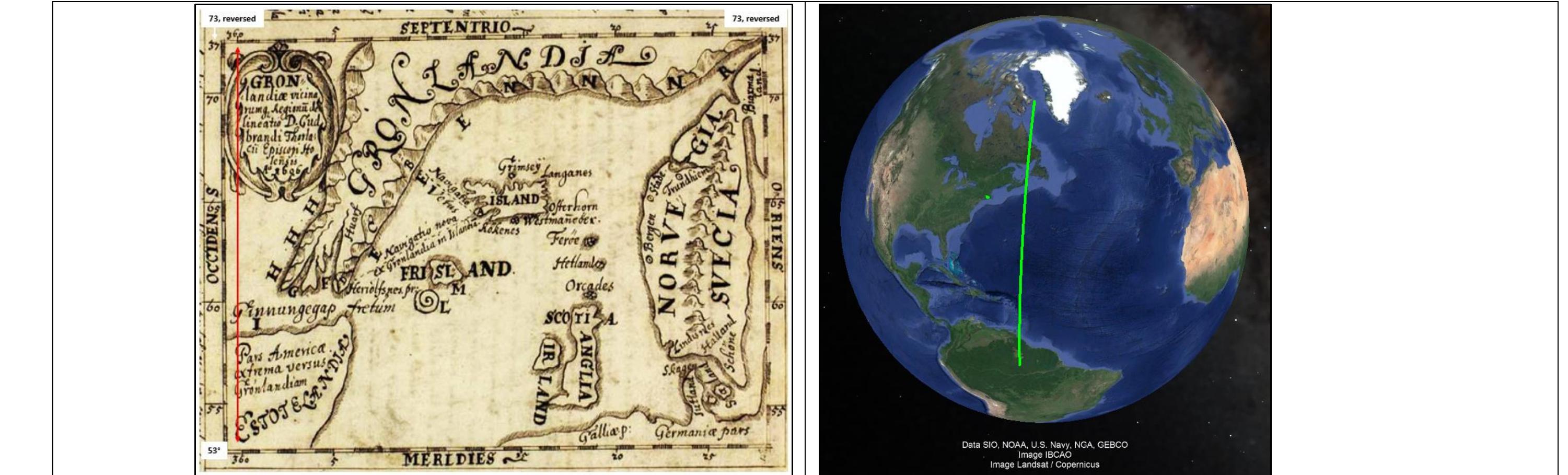 Figure 2. (LH) Folio 9v within the Icelandic Skalholt Maps (http://www.kb.dk/permalink/2006/manus/678/eng/9+verso/). (RH) Newfoundland-Nova Scotia Prime Meridian (NF-NS PM at 60.094486° W (Greenwich-referenced). The position of the NF-NS PM was 90° to the west of the Library of Alexandria in Alexandria, Egypt. Image source: Google Earth®.   Thorlaksson’s implicit 360°//000° meridian represented the LoD positioned at ~ 60° W. This corresponds to the meridian where Dawson stated the LoD was po: The congruence of Thorlaksson’s implicit 360°//000° meridian to the ~ 60° W meridian can be cross-checked by a simple cross-comparison of where Thorlaksson’: bounding latitude of 53° intersects the North American continent — which is in the Labrador region (see figures 2 and 3). 