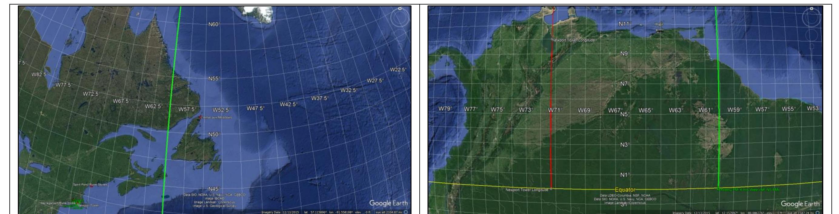 Figure 3. (LH) The NF-NS PM (60.094486° W) as it transits through the northern tier of North America. (RH) The NF-NS PM as it intercepts the continent of South Americ The red line to the west of the NF-NS PM marks the North American Baptistery’s (Newport Tower) longitude. The longitude displacement between the two marked longitud meridians is 11.215393° [71.309879° W [-] 60.094486° W = 11.215393°; or in minutes, 44.861572’]. Image source: Google Earth®.  