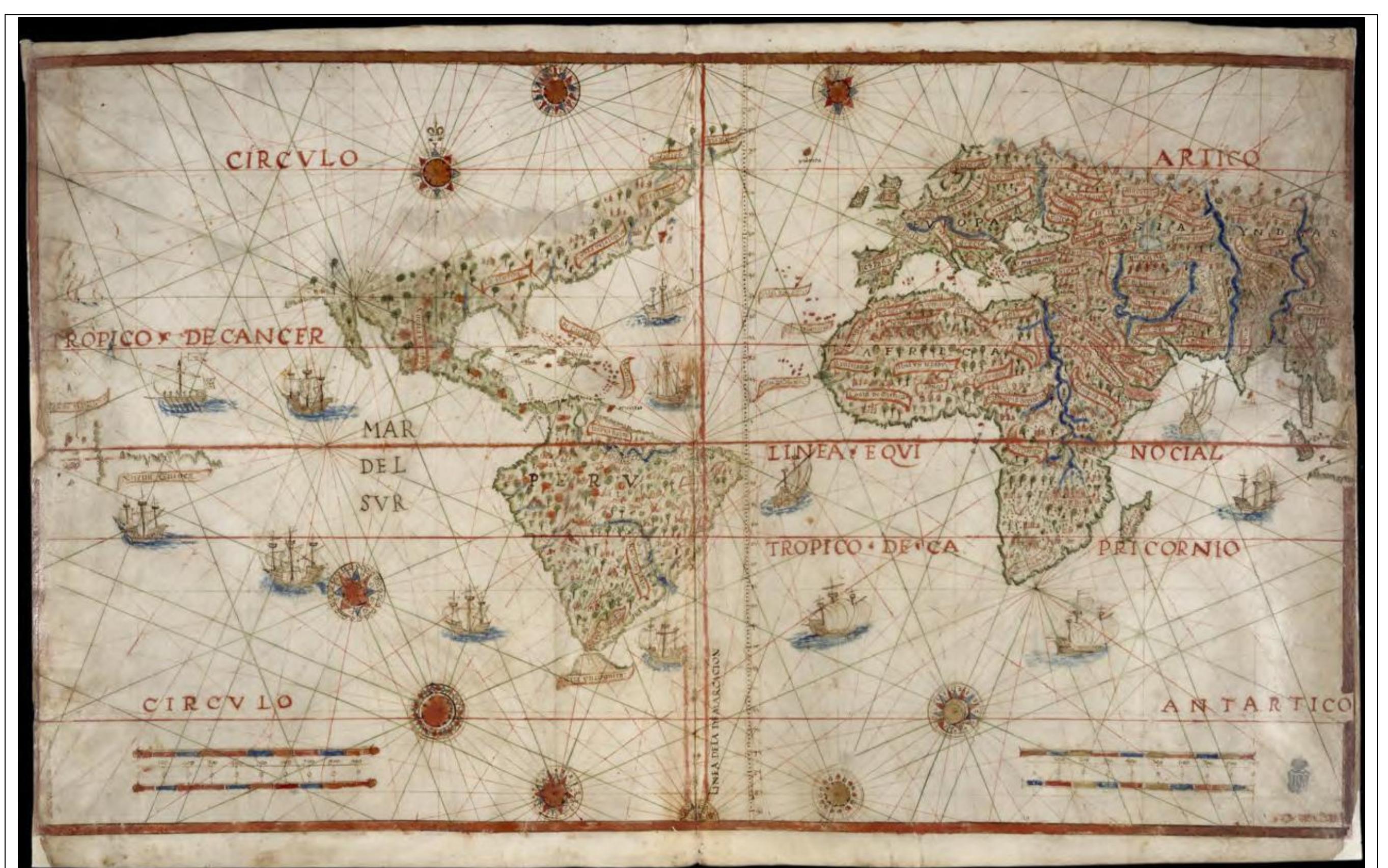 Pedro de Medina, a Spanish cartographer, illustrated the Linea de la Demarcacion (LoD) on small, planisphere map within a manuscript. The available imagery does not allow for a precise determination where the LoD intersected the North American continent.  Figure 7. 1550 Pedro de Medina Planisphere. The Linea de la Demarcacion intercepts the Equator at the mouth of the Amazon River (longitude ~ 50° W). The 50° W meridiz intersects the western coastline of Greenland (not shown on this map). Image source: National Library of Spain, Compendium of Cosmography, Folios 4 and 5; imagery available from: https://dl.wdl.org/7337/service/7337.pdf and http://bdh-rd.bne.es/viewer.vm?id=000005 1 798&page=1.  