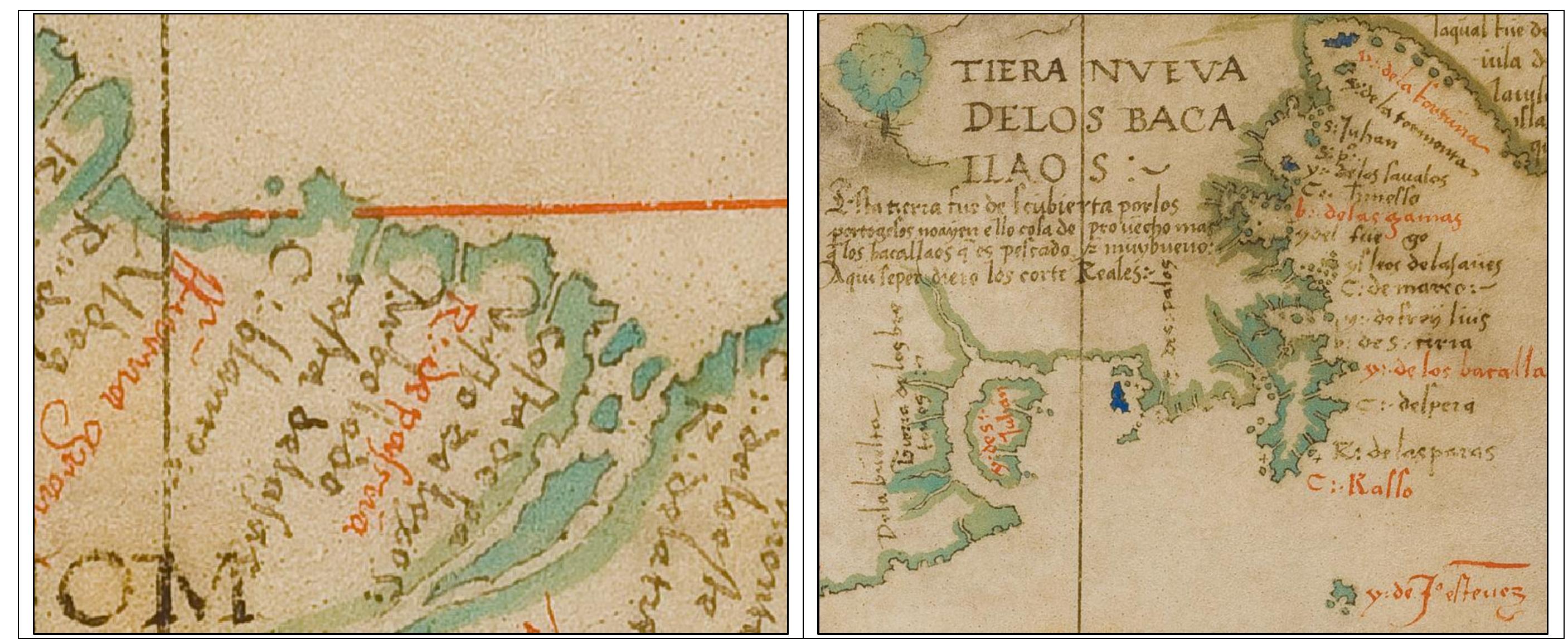 Figure 9. (LH) The LoD intercept on the South American continent from 1532 Diogo Ribero Chart of the Western Atlantic Ocean (Cod. Guelf. 104, A side). (RH) The L intercept on the North American continent is to the west of C. Raffo on the southern end of Newfoundland. This positioning identified Ribero’s LoD as driving between Newfoundland and Nova Scotia. Image source: Herzog August Bibliothek (Wolfenbiittel, GE); 268 MB TIFF image provided by the institution; lower resolution image a from: https://medea.fc.ul.pt/view/chart/25/viewer.  